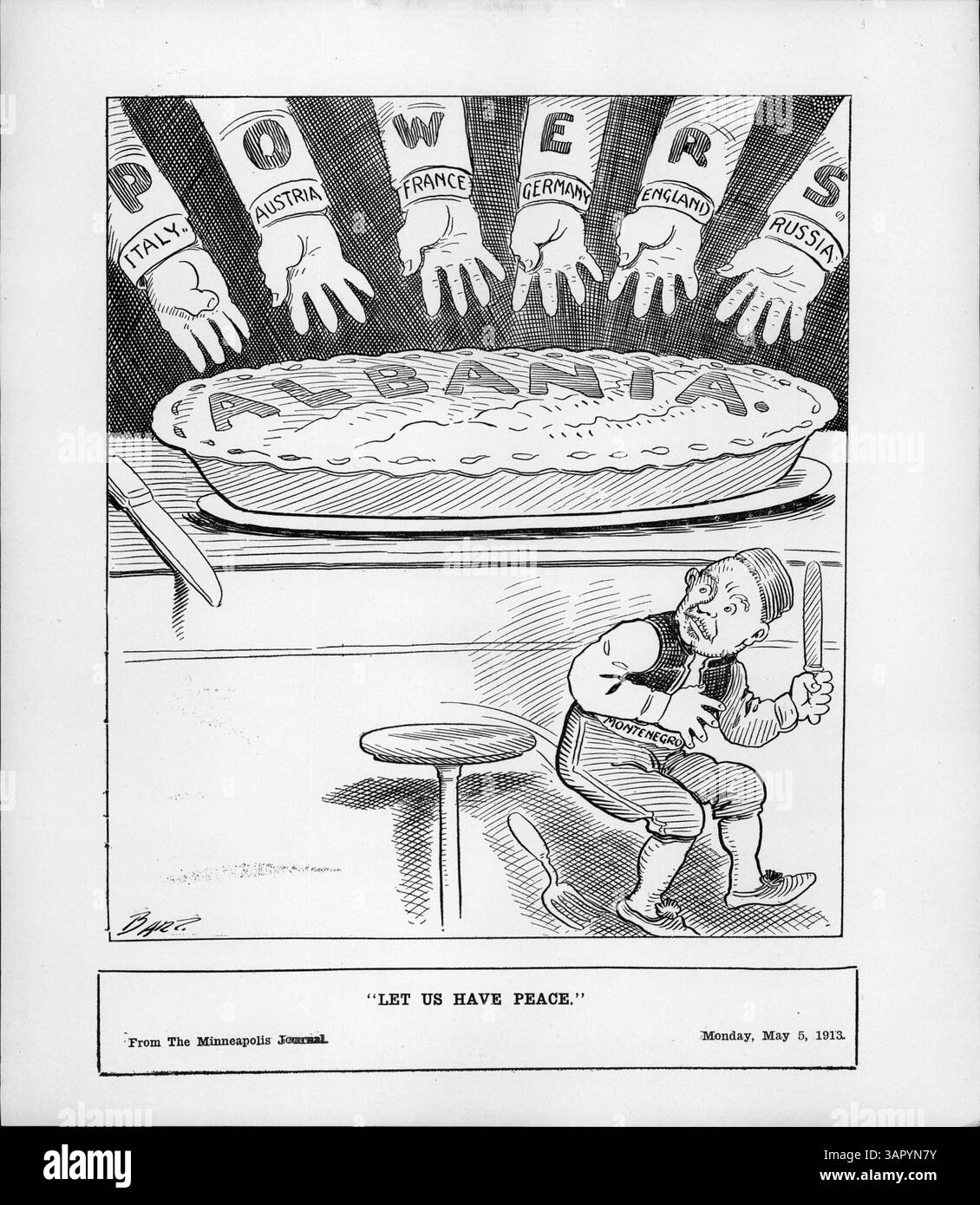 Il cartone animato ritrae le grandi potenze d'Europa: Italia, Austria, Francia, Germania, Inghilterra, e la Russia – in competizione per il controllo dell’Albania, con il piccolo Montenegro che si fa da parte. Il Montenegro aveva accettato le richieste delle grandi potenze piuttosto che affrontare la guerra, come riportato dal New York Times. Foto Stock
