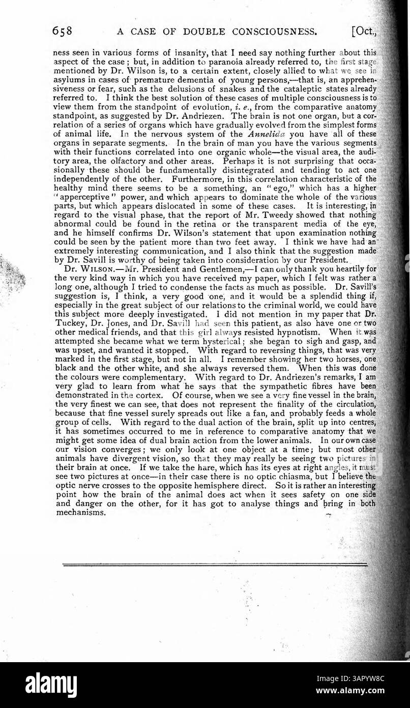Il dottor Albert Wilson documenta il caso di una ragazza adolescente che ha sviluppato oltre una dozzina di identità distinte in quattro anni. Ogni identità mostrava caratteristiche fisiche e mentali uniche, tra cui ricordi, capacità e sviluppo morale. La condizione è iniziata dopo un attacco di meningite. Wilson teorizza che i cambiamenti vaso-motori nel cervello possano essere coinvolti e discute le implicazioni morali e legali degli atti commessi da identità dissociative. Foto Stock