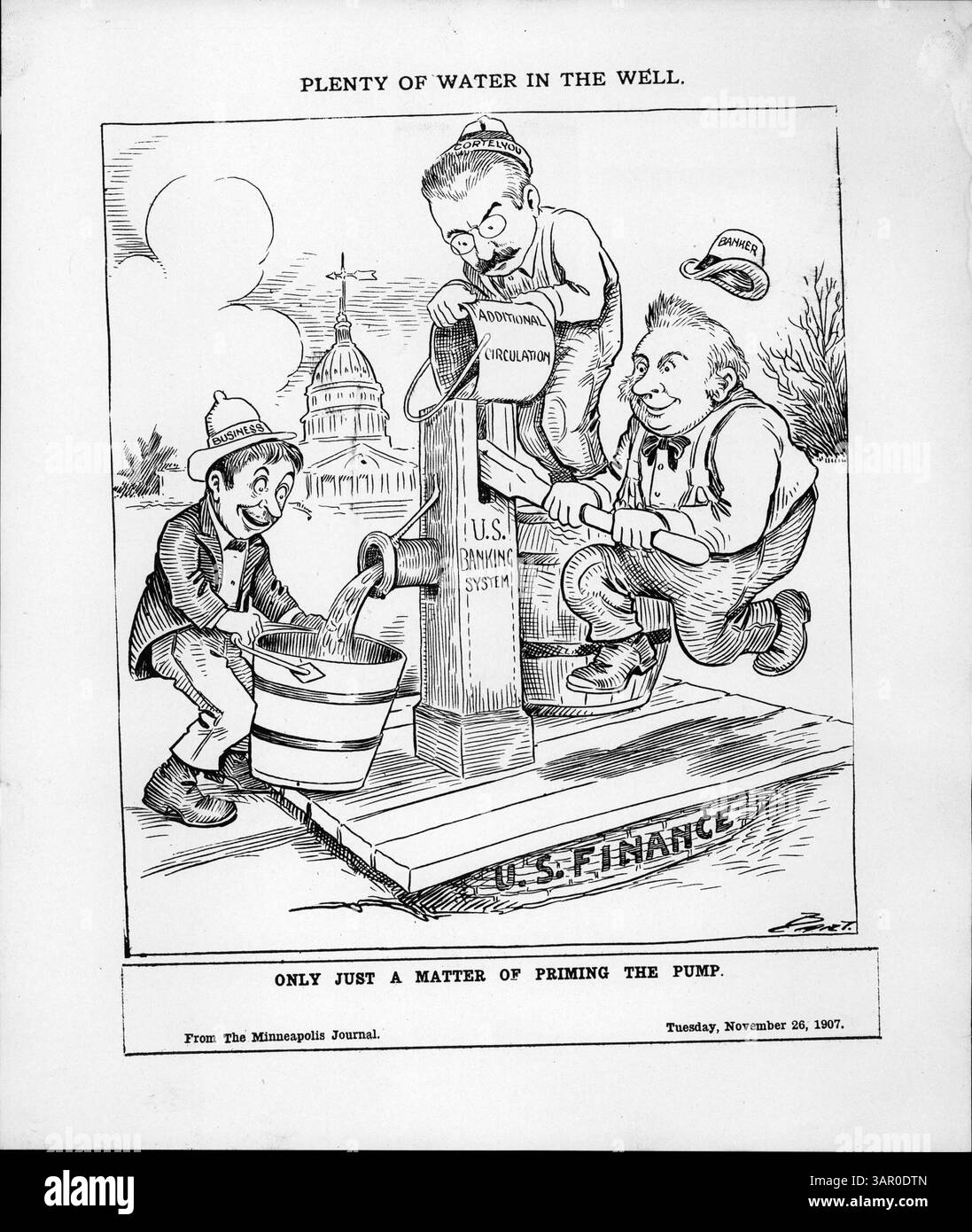 Questa illustrazione raffigura il Segretario al Tesoro Cortelyou che ha innescato la pompa del sistema bancario statunitense durante la crisi finanziaria del 1907. L'immagine riflette i suoi sforzi per stabilizzare banche e imprese con nuovi prestiti pubblici durante il panico del 1907. Foto Stock