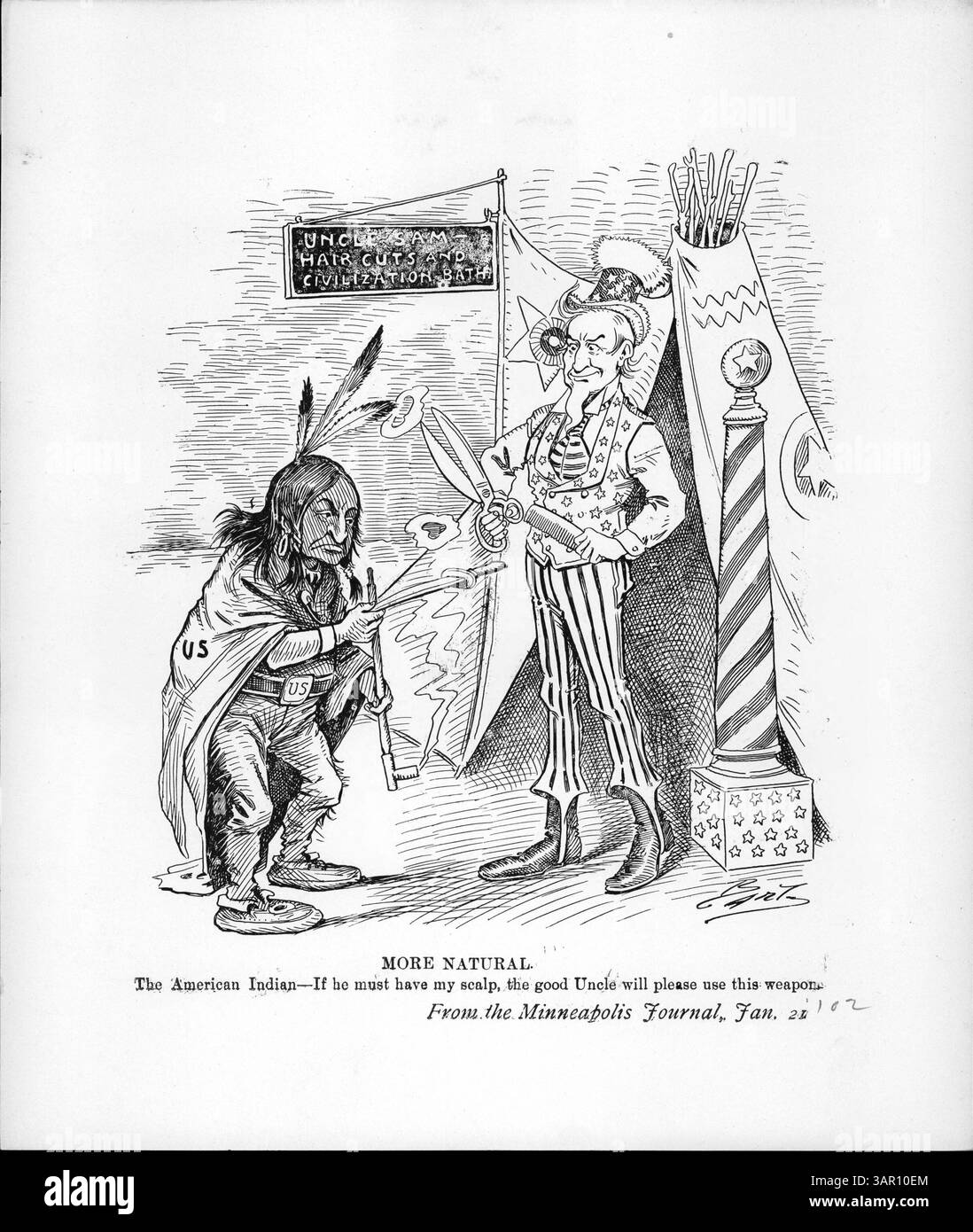 Un'illustrazione satirica dell'inizio del XX secolo raffigura lo zio Sam che tiene forbici e pettine, suggerendo che gli uomini indiani americani sono tenuti a tagliarsi i capelli per la civiltà, in mezzo a più ampi dibattiti sulle politiche di assimilazione. Foto Stock
