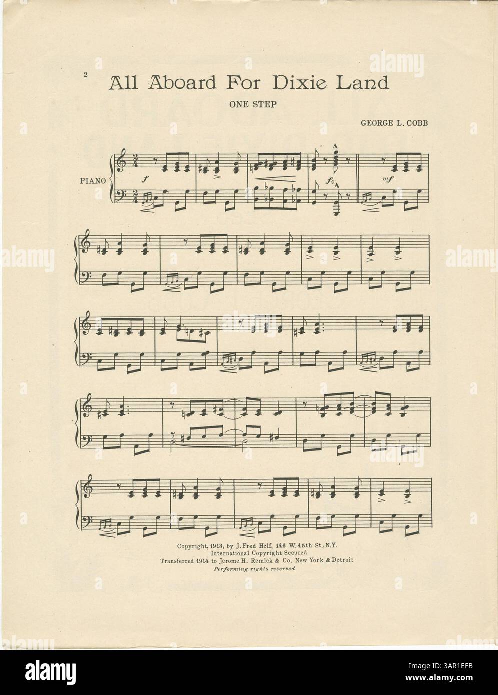 Spartiti per "All Aboard for Dixie Land", protetti da copyright nel 1913, con diritti d'autore internazionali garantiti e diritti di esecuzione riservati da Jerome H. Remick & Co New York e Detroit. Foto Stock