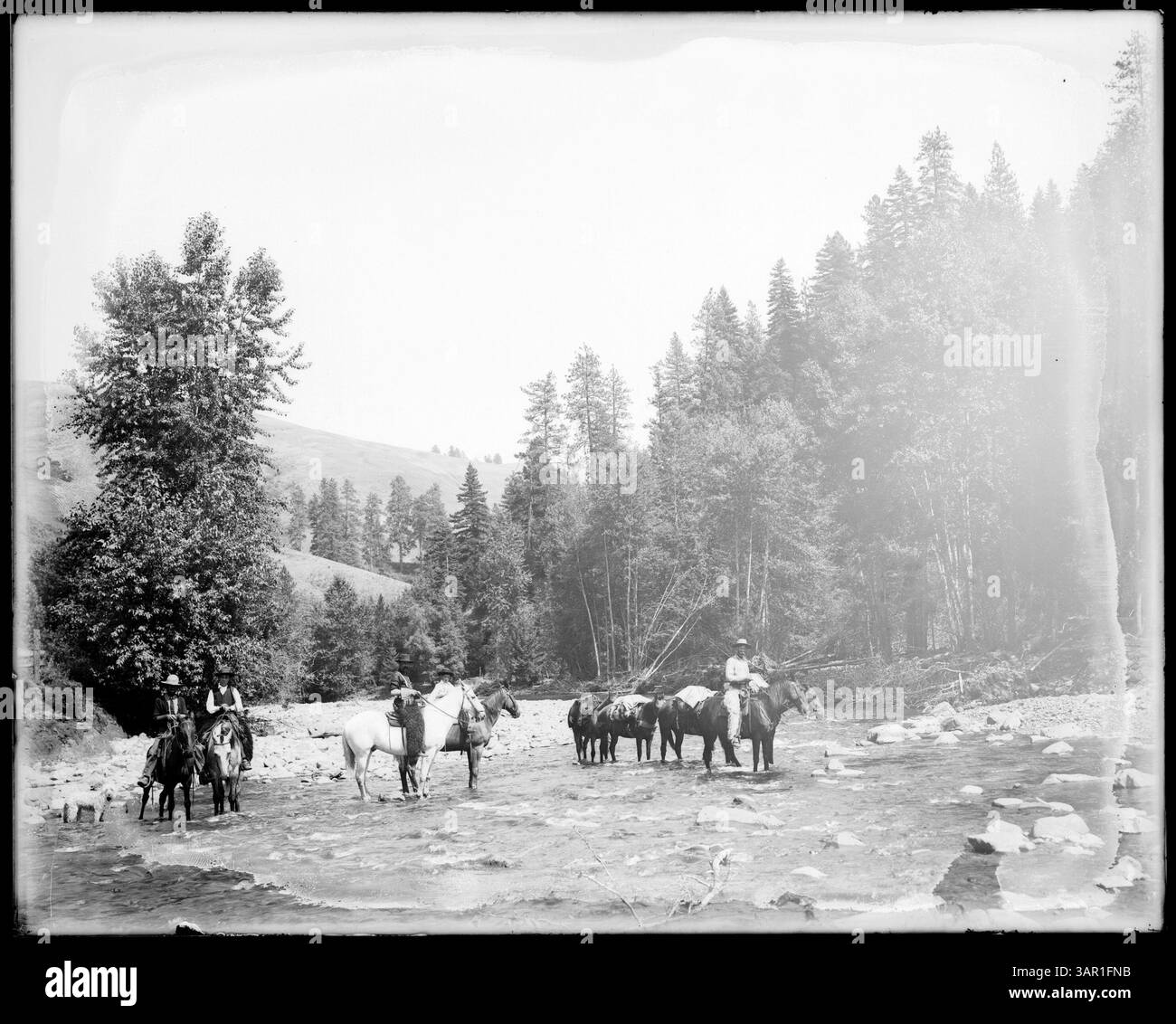 Questa fotografia raffigura un gruppo di cowboy con un treno che attraversa un torrente nel ranch di Cowboy Thompson. Cattura un momento di vita nel West americano durante i primi anni '1900 Foto Stock