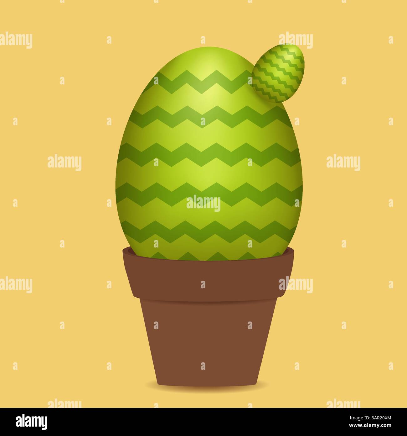 Uovo di Pasqua verde 3D, stilizzato come un cactus, dipinto a zigzag, che cresce in un vaso di fiori marrone su sfondo senape. Disegno a colori vettoriale. Illustrazione Vettoriale Uovo di Pasqua verde 3D, stilizzato come un cactus, dipinto a zigzag, che cresce in un vaso di fiori marrone su sfondo senape. Disegno a colori vettoriale. Illustrazione Vettoriale