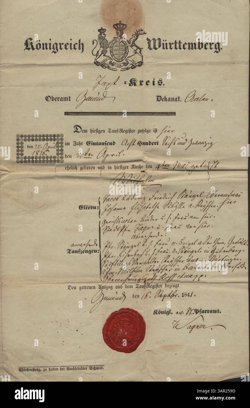 Questa documentazione battesimale documenta il battesimo di Wilhelm Staengel il 16 settembre 1841, figlio di Jacob Ludwig Friedrich Stauengel e Johanna Elisabethe Sibylla Kayscheer Staengel. Include sia una versione tedesca che una traduzione inglese. Foto Stock