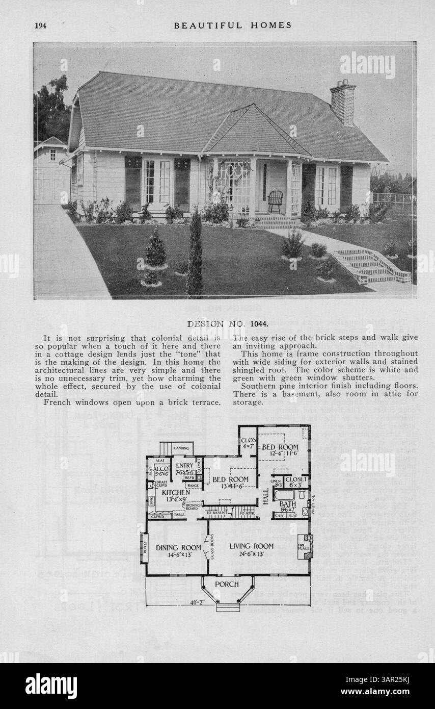 Il libro include oltre 200 piani di case che vanno dalla semplice struttura in legno e case in stucco a case in mattoni, piastrelle e pietra più grandi. Gli articoli forniscono informazioni utili per rendere unica la casa, il design ideale della cucina, le tecniche di trattamento delle pareti e le opzioni di riscaldamento e illuminazione. Include anche una guida nazionale per i costruttori di case e pubblicità di materiali da costruzione. Mancano le pagine 147-148. Foto Stock