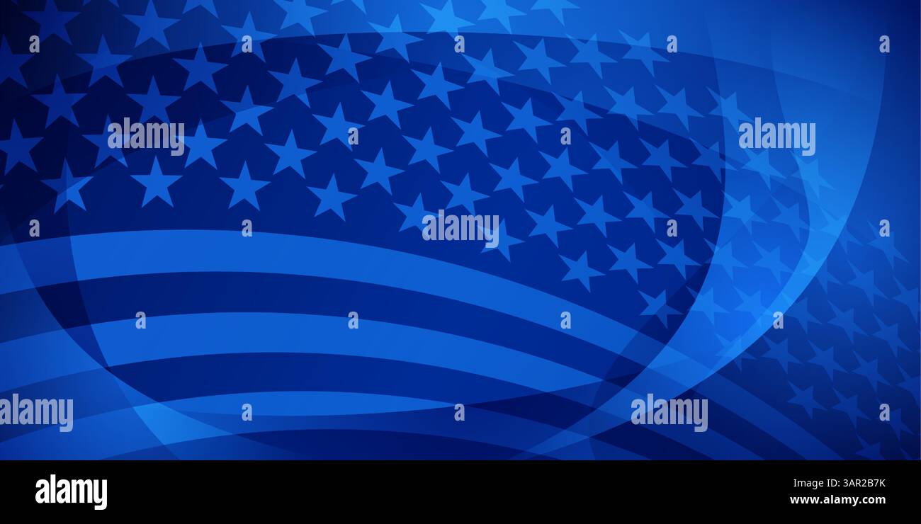 Illustrazione vettoriale della bandiera americana con stelle e strisce in varie tonalità di blu, creando un design moderno e astratto. Illustrazione Vettoriale