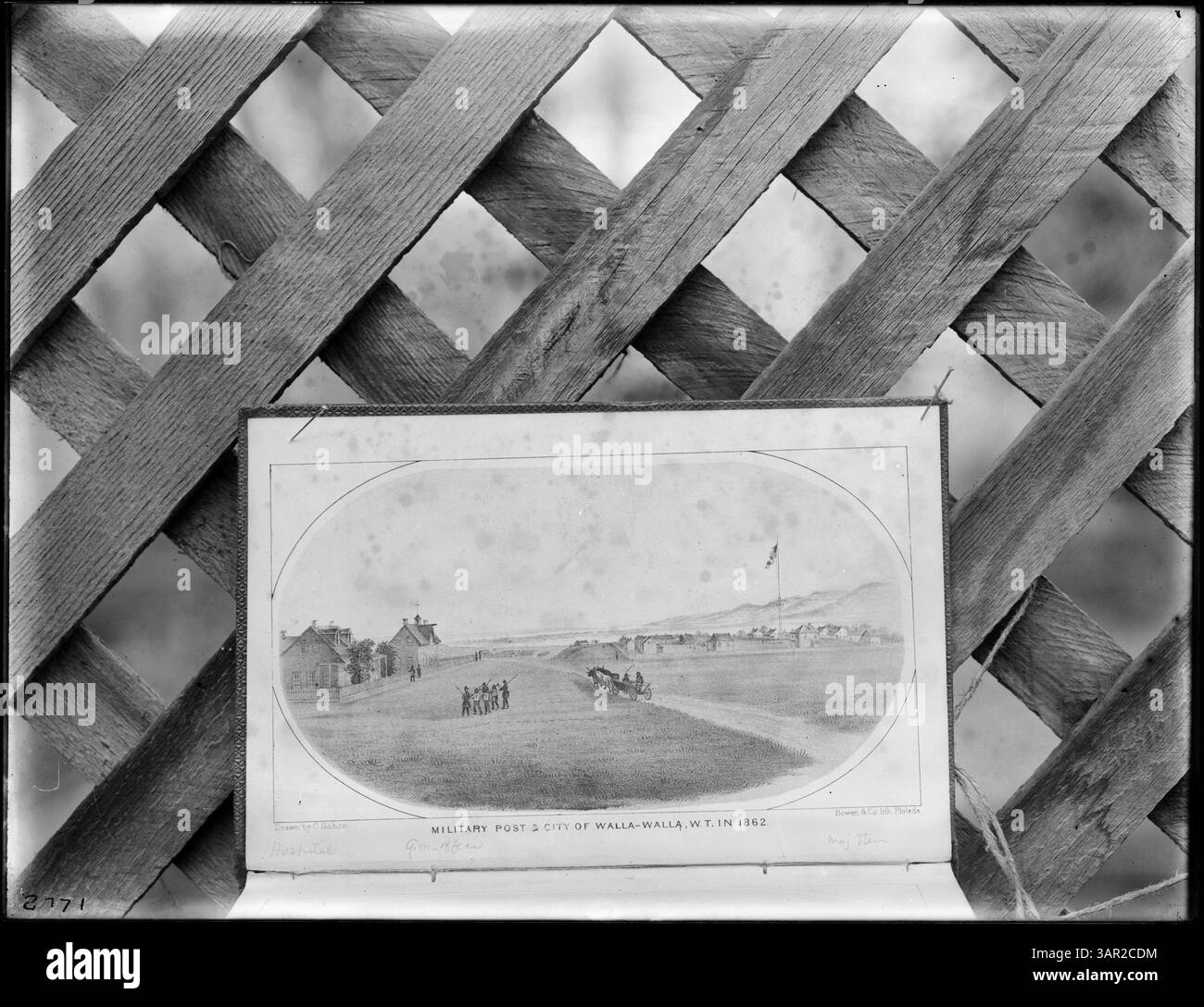 Questa illustrazione tratta dal rapporto di Isaac I. Stevens documenta il porto militare e la città di Walla Walla nel 1862. L'immagine raffigura la presenza militare e il layout urbano durante questo periodo di espansione americana. Foto Stock