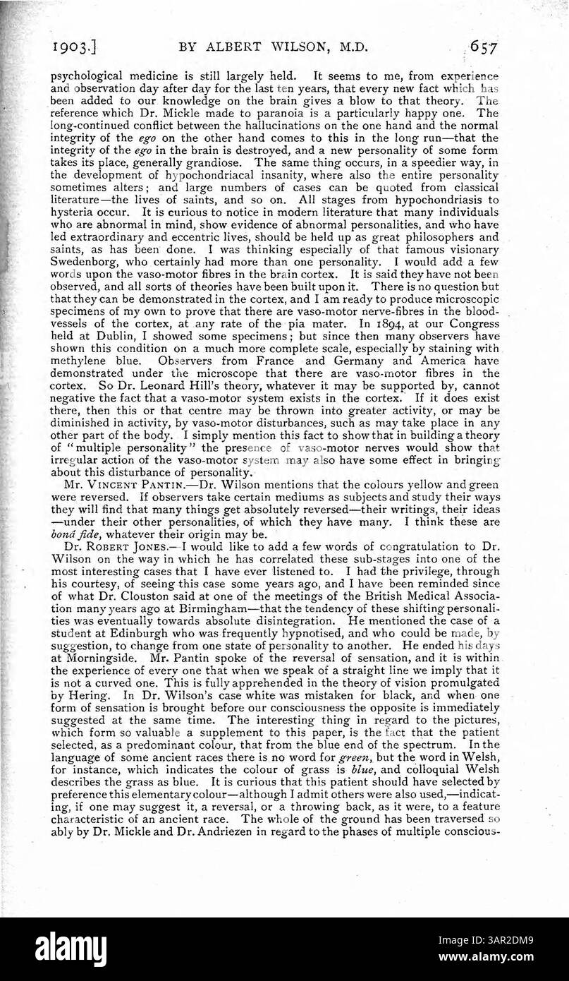 Il dottor Albert Wilson documenta il caso di una ragazza adolescente che ha sviluppato oltre una dozzina di identità distinte in quattro anni. Ogni identità mostrava caratteristiche fisiche e mentali uniche, tra cui ricordi, capacità e sviluppo morale. La condizione è iniziata dopo un attacco di meningite. Wilson teorizza che i cambiamenti vaso-motori nel cervello possano essere coinvolti e discute le implicazioni morali e legali degli atti commessi da identità dissociative. Foto Stock