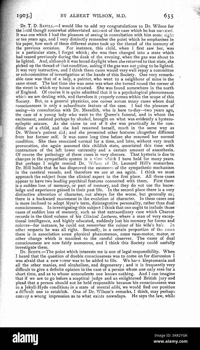 Il dottor Albert Wilson documenta il caso di una ragazza adolescente che ha sviluppato oltre una dozzina di identità distinte in quattro anni. Ogni identità mostrava caratteristiche fisiche e mentali uniche, tra cui ricordi, capacità e sviluppo morale. La condizione è iniziata dopo un attacco di meningite. Wilson teorizza che i cambiamenti vaso-motori nel cervello possano essere coinvolti e discute le implicazioni morali e legali degli atti commessi da identità dissociative. Foto Stock