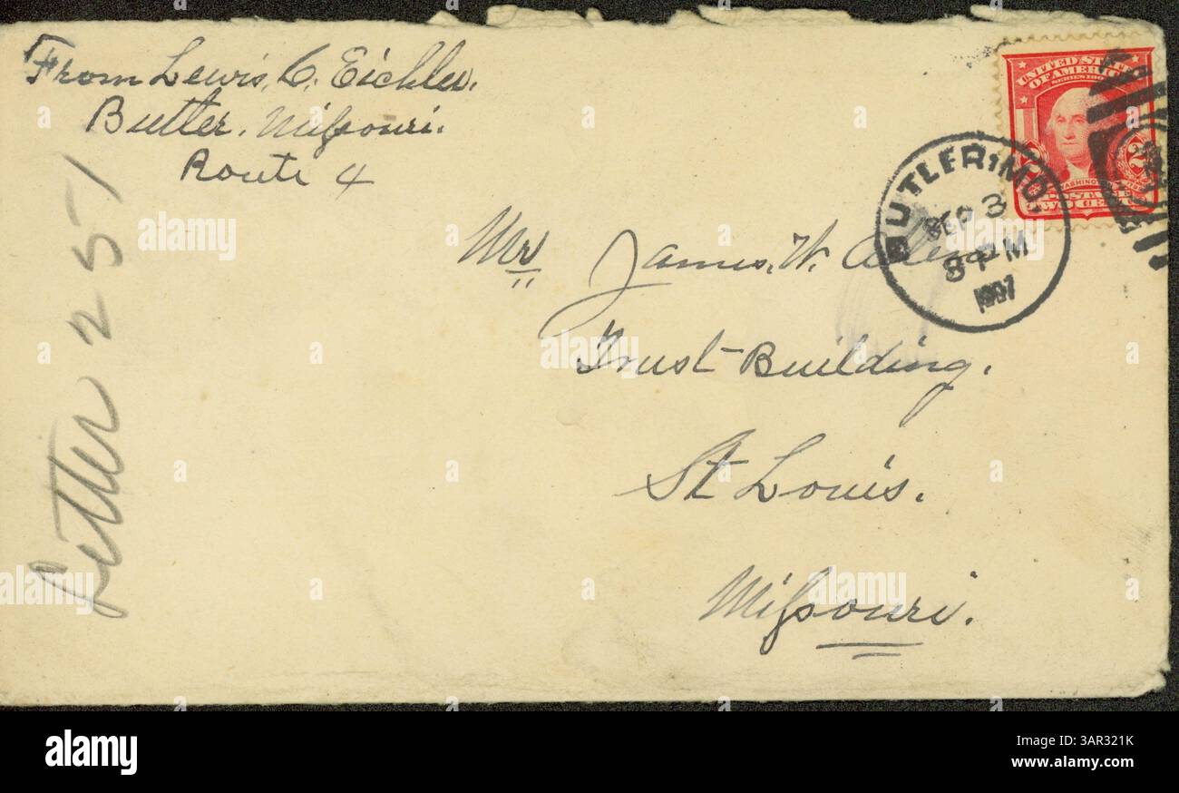 Questa lettera, datata 1 settembre 1907, è firmata da Lewis C. Eichler di Butler, Bates County, Missouri, e indirizzata a James W. Allen di St. Louis. Racconta le esperienze di Eichler servendo nella Guardia di Stato del Missouri e nella 16th Missouri Infantry (Confederate), incluso un breve resoconto della battaglia di Lone Jack, Missouri. Foto Stock