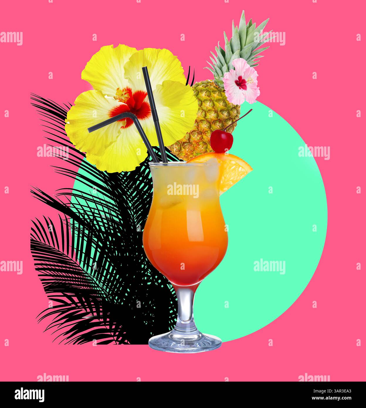 Atmosfera da festa estiva. Cocktail tequila all'alba con fiori, foglie di palma e frutta su sfondo colorato brillante, collage creativo Foto Stock