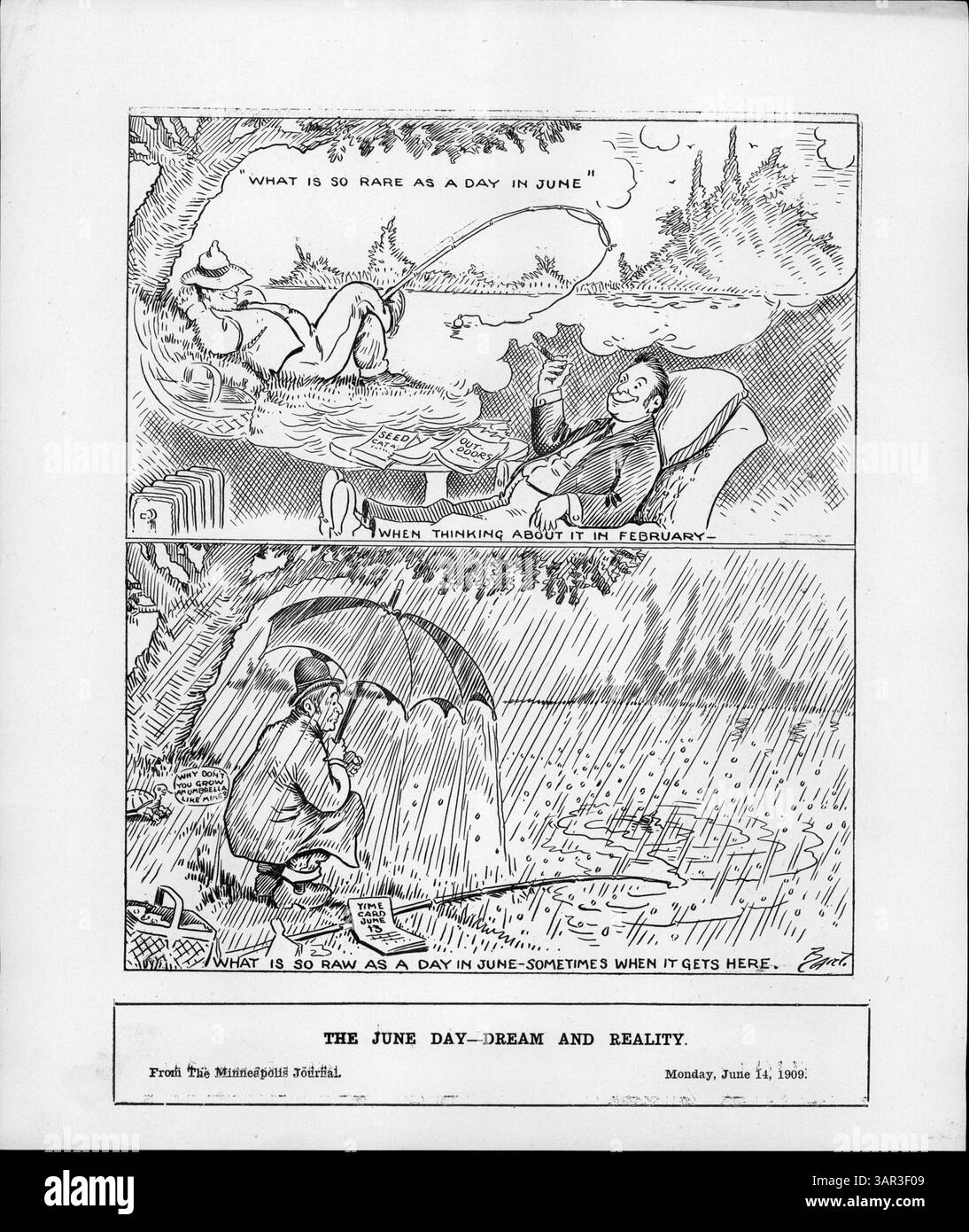 Questa illustrazione contrasta il sogno di un uomo di un giorno di giugno perfetto con la sua realtà di sedersi sotto la pioggia cercando di pescare. La prima tavola riflette la sua visione idealizzata di giugno, descritta come rara e desiderabile, mentre la seconda descrive la delusione di un giorno di giugno piovoso. Il tema contrasta i sogni e la realtà, in particolare nel modo in cui le aspettative possono differire dalle esperienze reali. Foto Stock