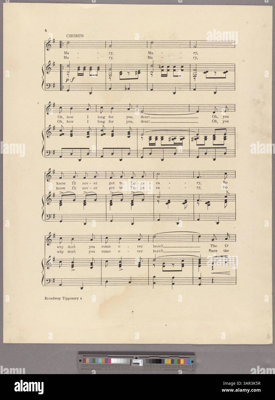 Gli spartiti di Broadway Tipperary fanno parte della recensione musicale di Cohan and Harris Hello Broadway, con musica e testi di Geo. M. Cohan. La gamma vocale è D4-D5, mentre la copertina posteriore contiene annunci pubblicitari per altre riproduzioni. La copertina anteriore enfatizza il concetto di "trapunta pazza musicale" dello spettacolo. Foto Stock