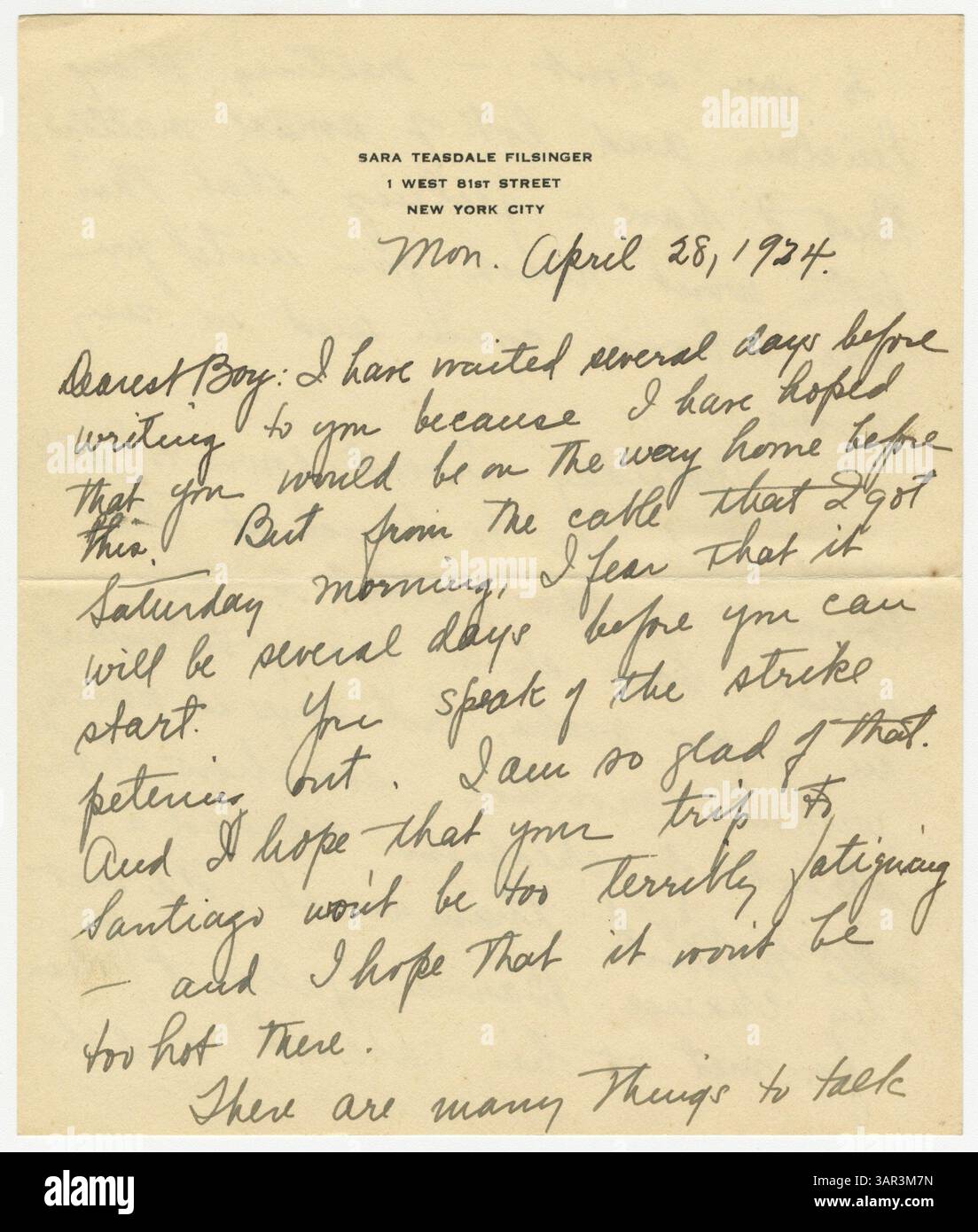 Sara scrive una lettera a Ernst Filsinger a l'Avana, Cuba, condividendo aggiornamenti su questioni personali, tra cui un pranzo con Zoë Akins e la morte dell'attrice Eleanora Duse. Foto Stock