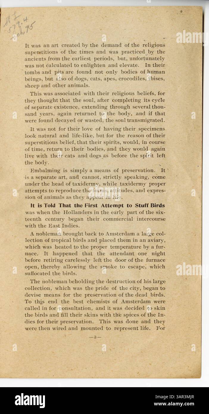 Presentato al St. Louis Naturalist Club, questo opuscolo sulla "storia della tasselleria" esamina le tecniche e l'evoluzione della conservazione degli esemplari animali per scopi scientifici ed educativi. Foto Stock