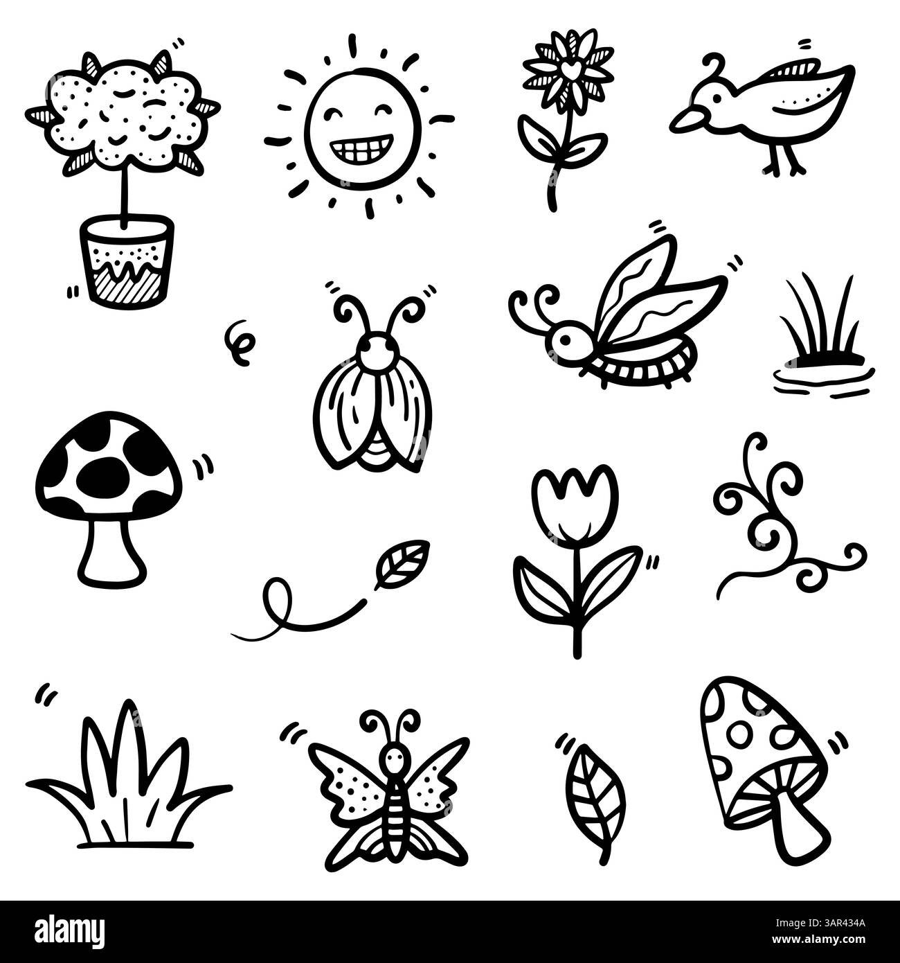 I temi abstract di primavera disegnati a mano includono oggetti e natura nell'illustrazione vettoriale Illustrazione Vettoriale