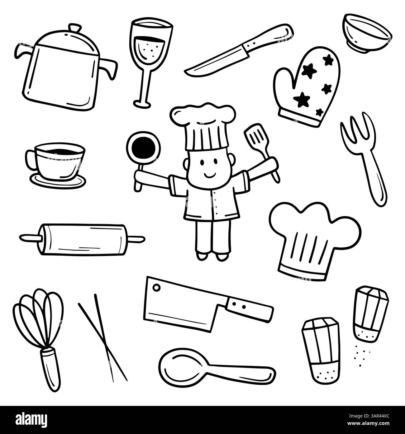 Il set di disegni Thin Line include strumenti di cottura nell'illustrazione vettoriale Illustrazione Vettoriale