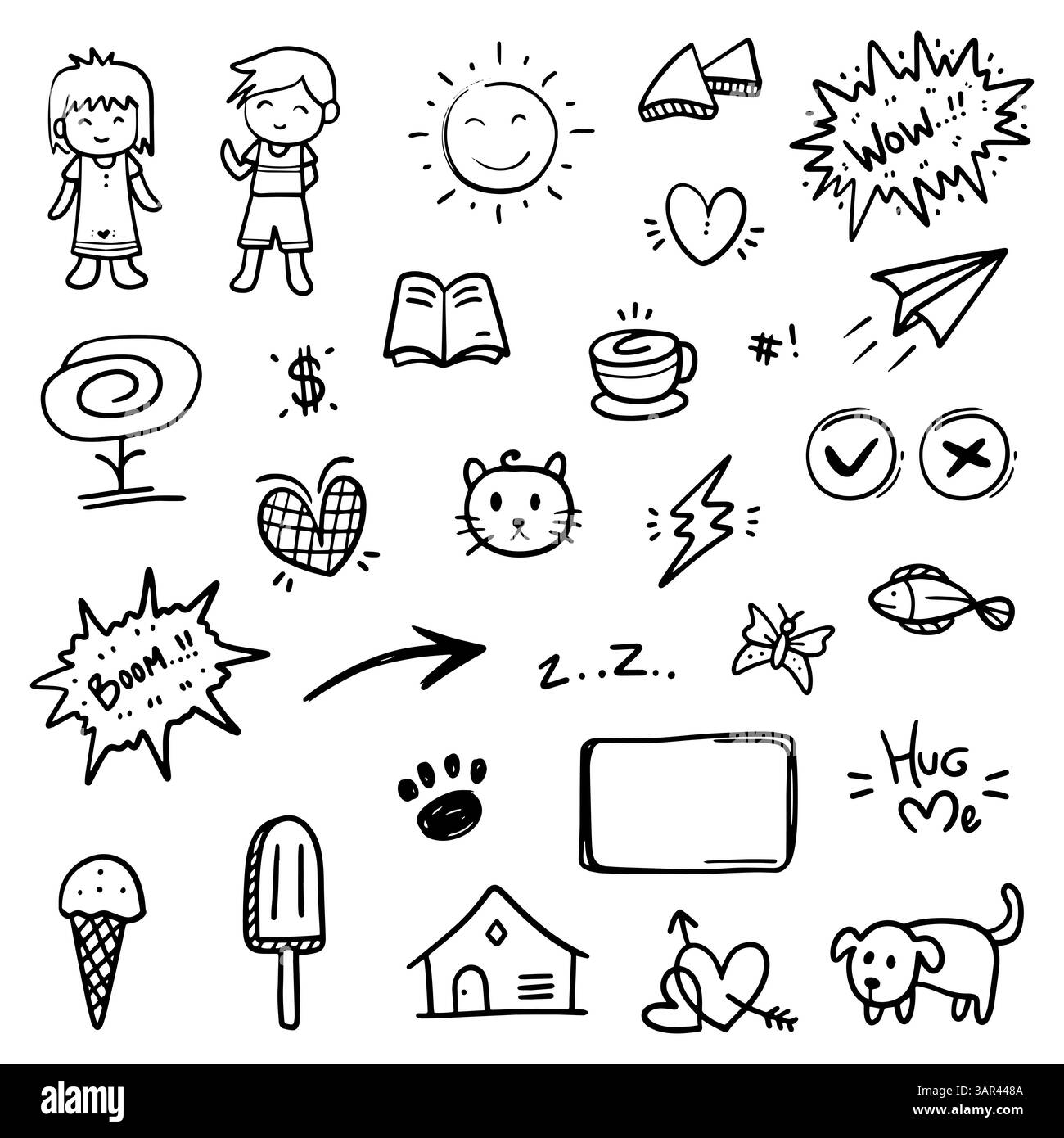 Set di oggetti disegnati a mano con linee sottili astratte, nell'illustrazione vettoriale Illustrazione Vettoriale