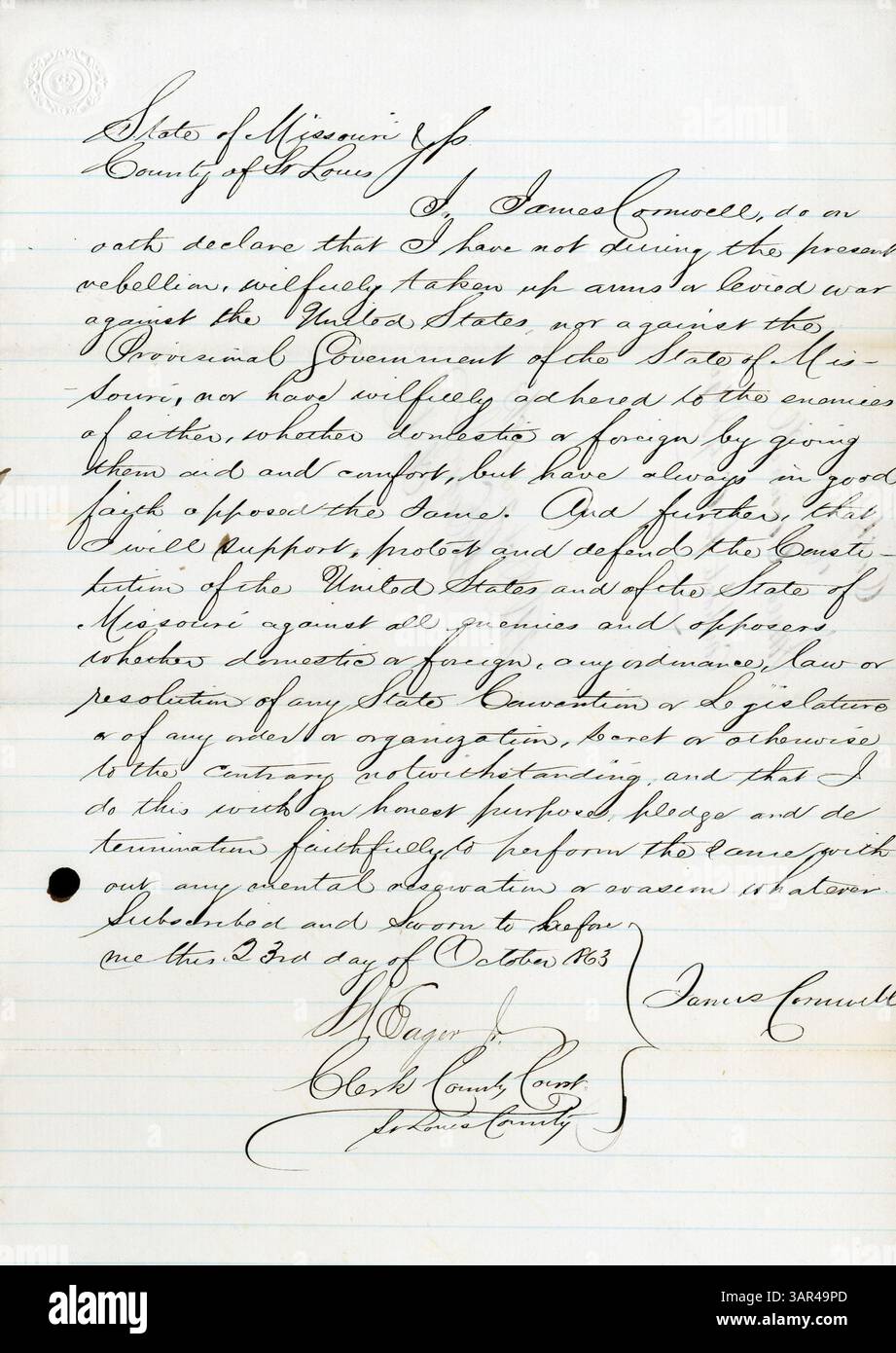James Cornwell giurò fedeltà al governo degli Stati Uniti e allo Stato del Missouri durante il periodo della guerra civile. Foto Stock