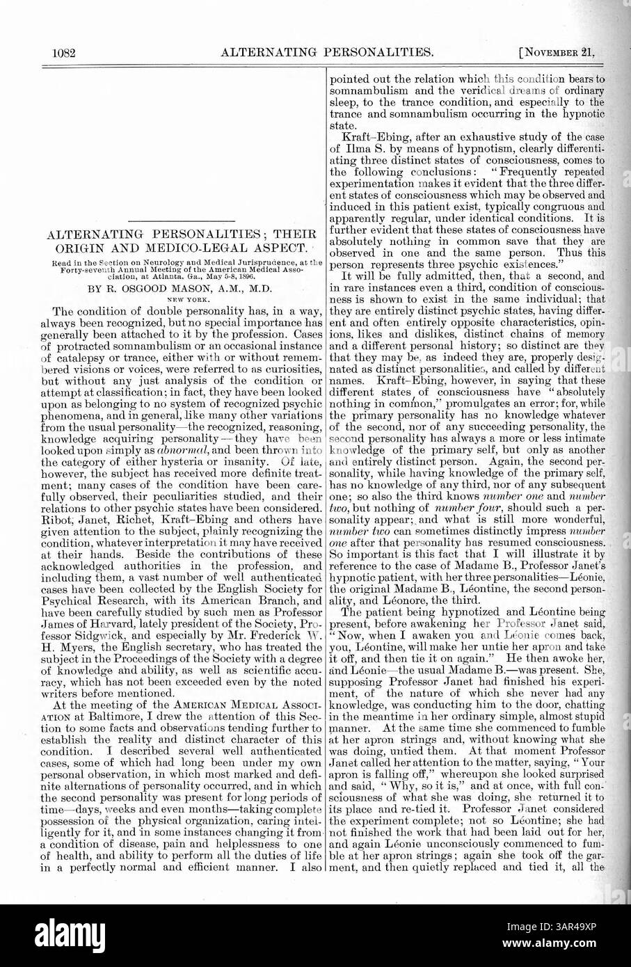 Questo lavoro di Mason esamina personalità alternate, evidenziando la loro consapevolezza reciproca. Usando il caso di Madame B., discute varie condizioni in cui si osservano personalità secondarie, come ipnosi e sonno, ed esplora le loro implicazioni legali. Foto Stock