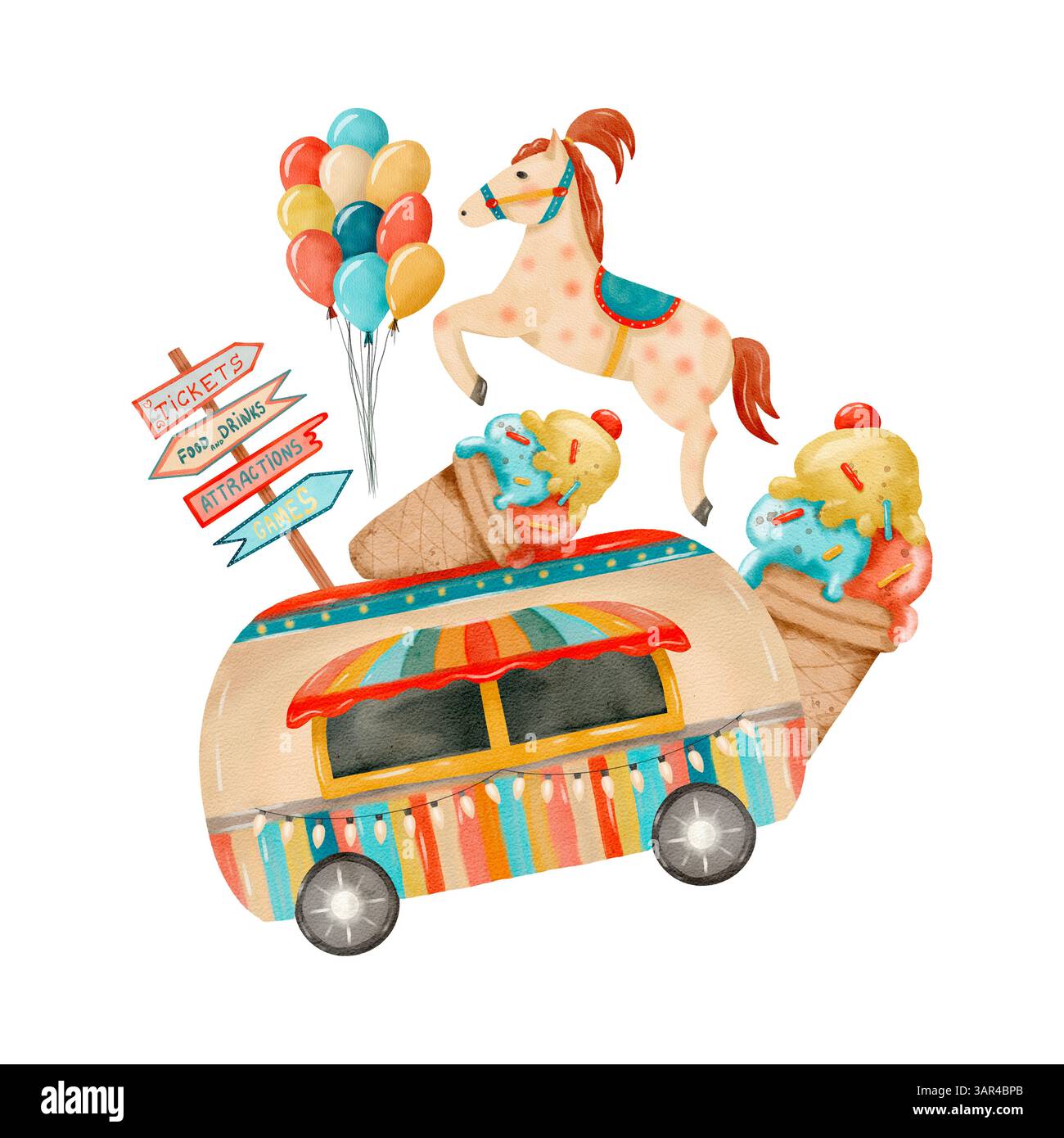 Elementi deliziosi di un affascinante carnevale, un cavallo bizzarro, un delizioso gelato e palloncini vivaci e colorati. Composizione isolata ad acquerello disegnata a mano su sfondo trasparente. Foto Stock