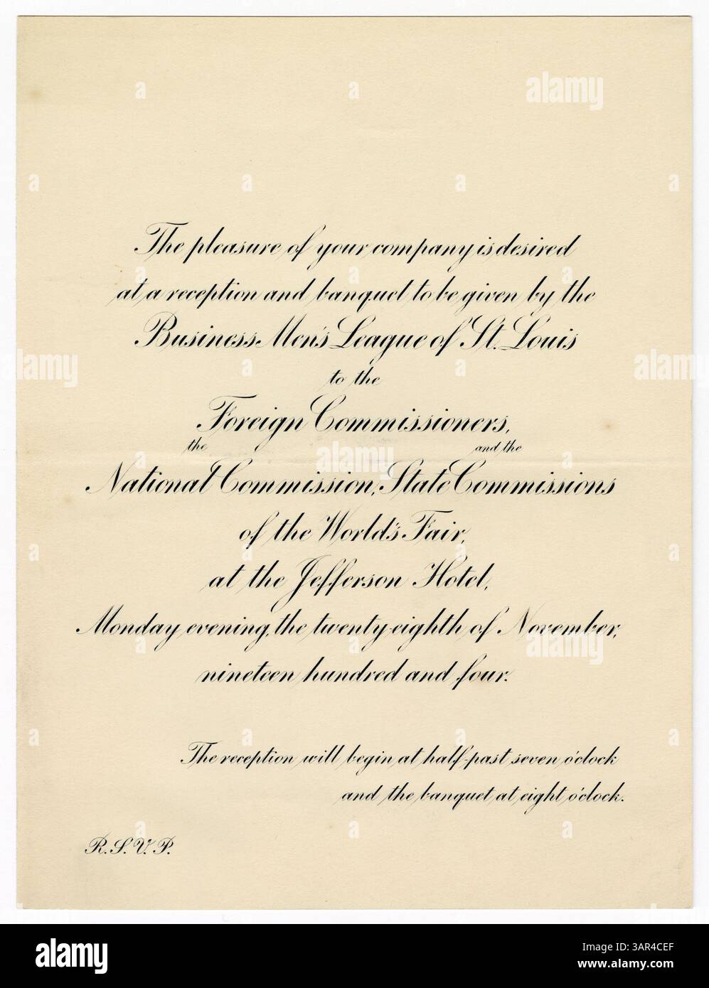 Questo invito, datato 28 novembre 1904, è per un ricevimento e un banchetto ospitati per i commissari stranieri, nazionali e statali della Louisiana Purchase Exposition (Fiera Mondiale) al Jefferson Hotel di St. Louis. Foto Stock