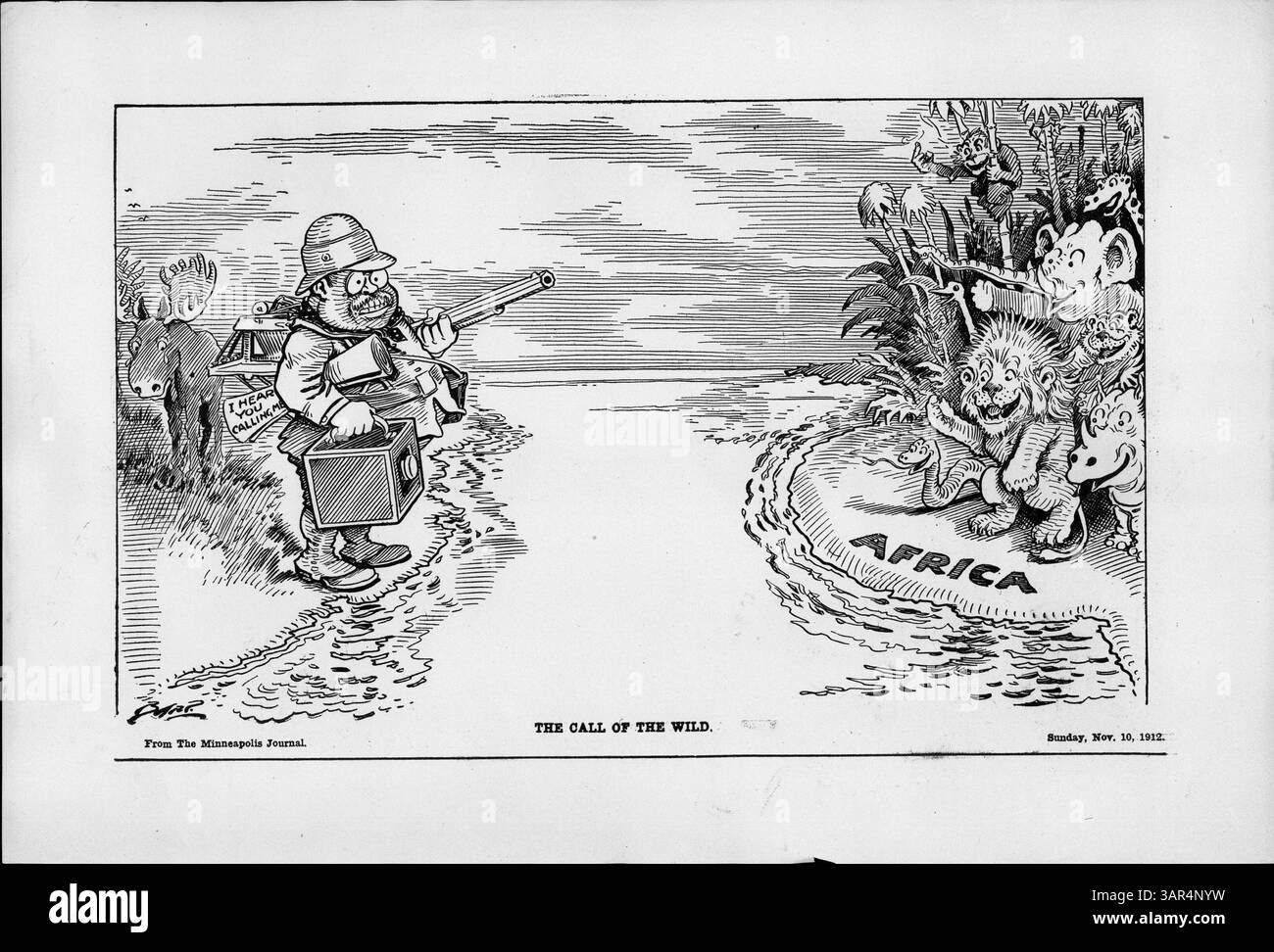Questa illustrazione mostra Theodore Roosevelt in abbigliamento da safari sulla riva, con un articolo intitolato "i hear you Calling me". Dall'altra parte dell'acqua si trova l'Africa, dove gli animali lo attirano, facendo riferimento al suo safari africano del 1909. Riflette la sua vita dopo la presidenza e la sua incerta sconfitta elettorale post-1912. Foto Stock