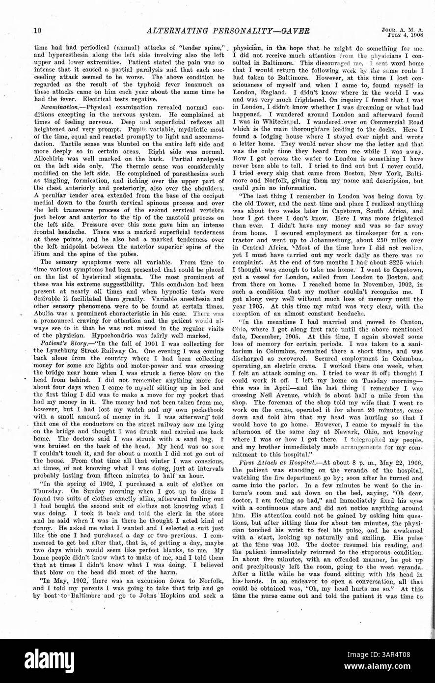 Presentazione clinica di un giovane uomo affetto da un disturbo di personalità alternato, suggestione, ipocondria e mancanza di motivazione. I sintomi sono iniziati dopo la febbre tifoide e una lesione alla testa durante la guerra ispano-americana. Il paziente viaggiò a Londra e in Sud Africa con una personalità alternativa, ignaro dei suoi dintorni e confuse il suo medico con una conoscenza. L'ipnosi ebbe effetti limitati nella gestione della sua condizione. Foto Stock