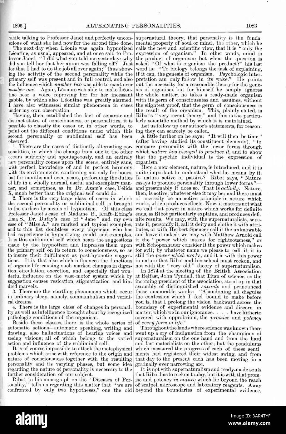 Questo lavoro di Mason esamina personalità alternate, evidenziando la loro consapevolezza reciproca. Usando il caso di Madame B., discute varie condizioni in cui si osservano personalità secondarie, come ipnosi e sonno, ed esplora le loro implicazioni legali. Foto Stock