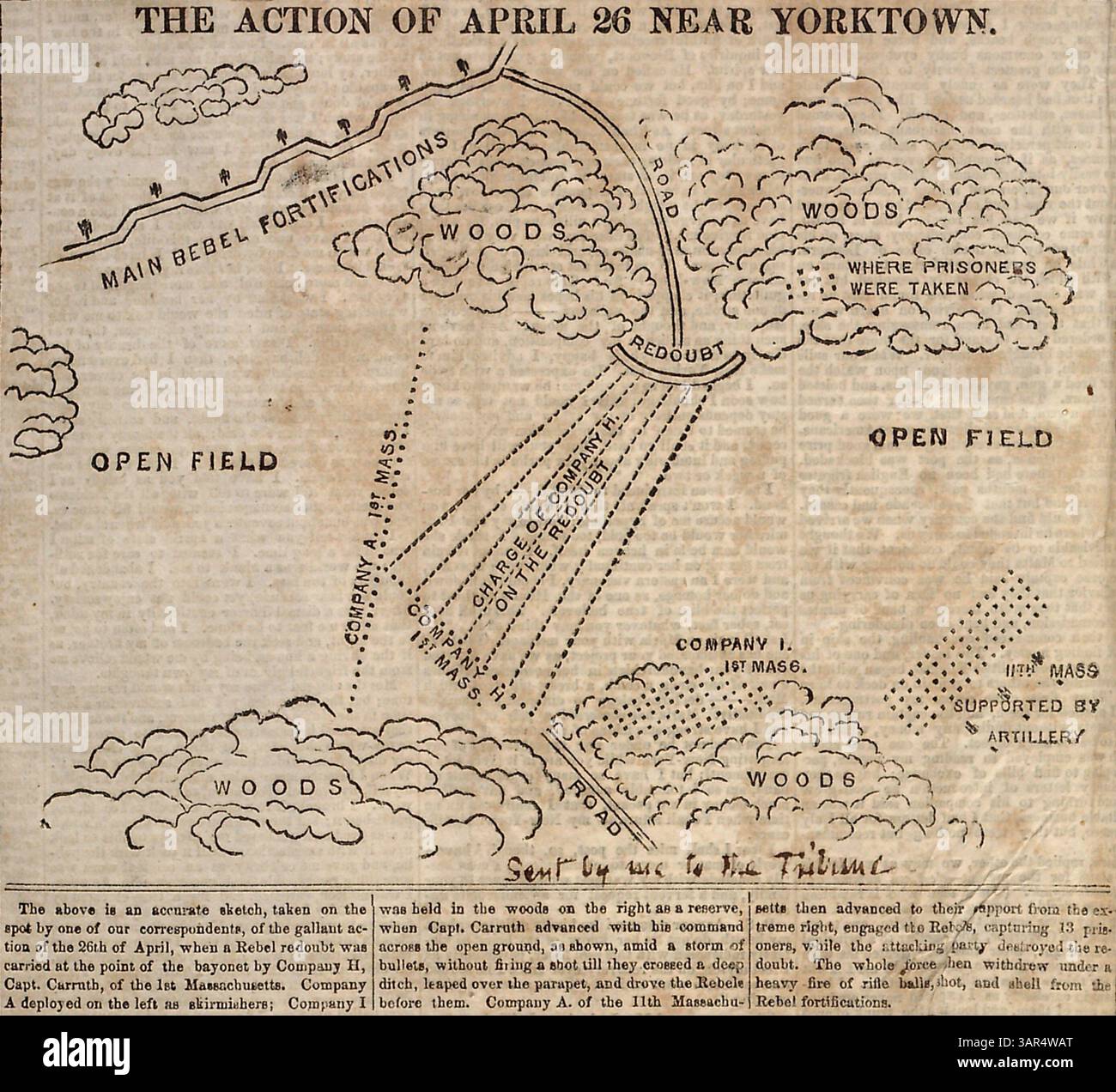 Un ritaglio di un giornale tratto da Thomas Butler Gunn's Diaries, volume 19, mostra una mappa disegnata da Gunn il 26 aprile 1862, che descrive in dettaglio le posizioni dell'Unione e dei Confederati a Yorktown, Virginia, durante la guerra civile. Foto Stock
