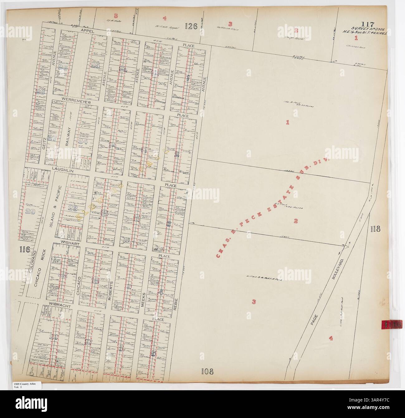 Pagina 117 del volume 2 dell'Atlas of St. Louis County Features Survey 2966, che mostra i confini del N.E. 1/4 del sec. 31 in Township 46 N., Range 6 E., parte della collezione della Missouri Historical Society. Foto Stock