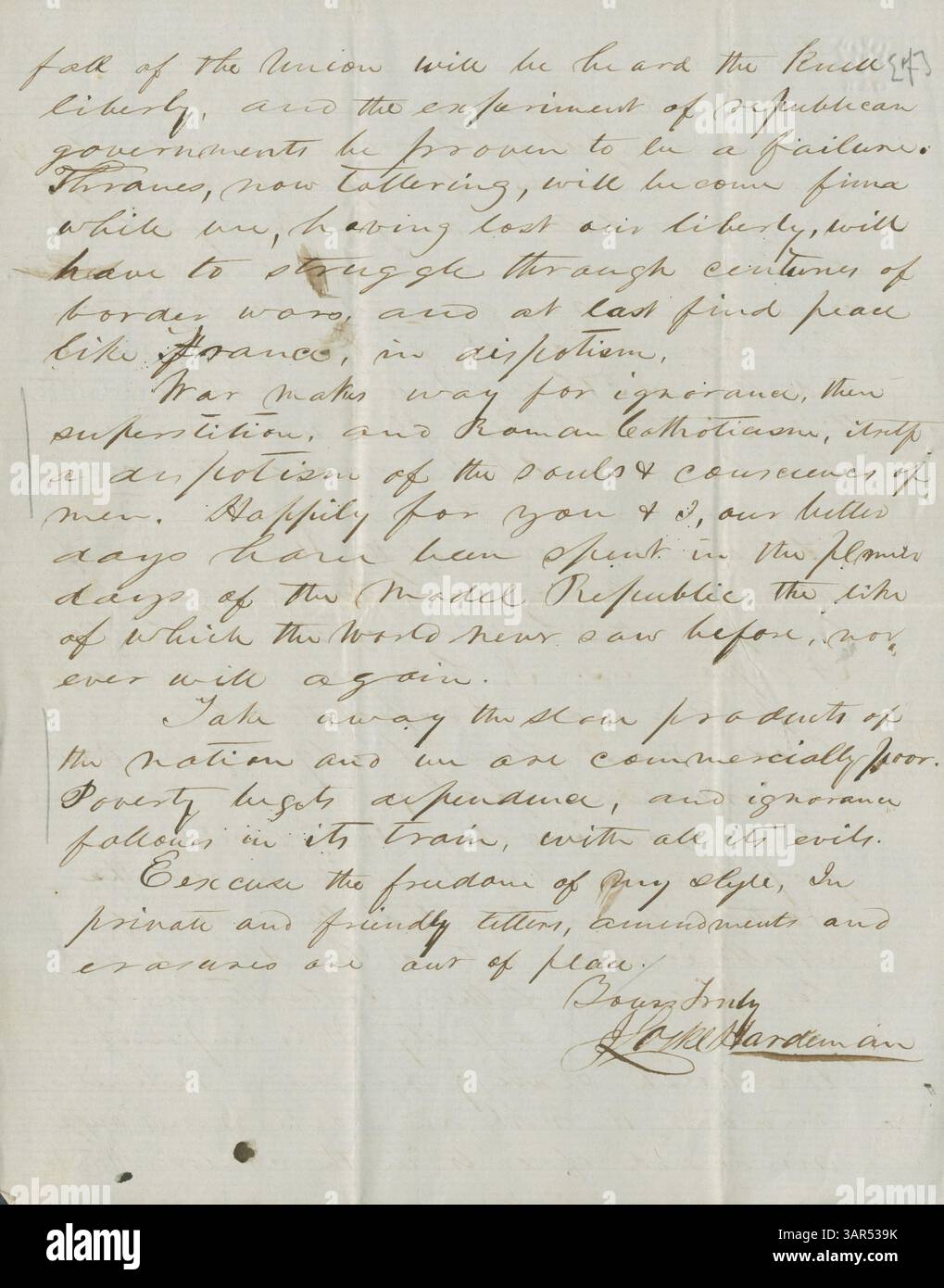 Questa lettera, scritta da J. Locke Hardeman il 10 giugno 1855, discute il divario politico e sociale tra Kansas e Missouri, con Hardeman che afferma che l'abolizione e la conservazione dell'Unione si escludono a vicenda. Foto Stock