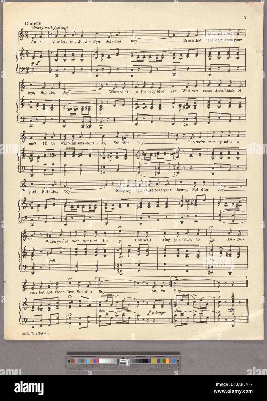 Questa copertina di spartiti per "Au revoir, but not Goodbye (soldato ragazzo)" include una gamma vocale di D4-E5 e contiene messaggi in tempo di guerra. E' un pezzo di propaganda della prima guerra mondiale. Foto Stock