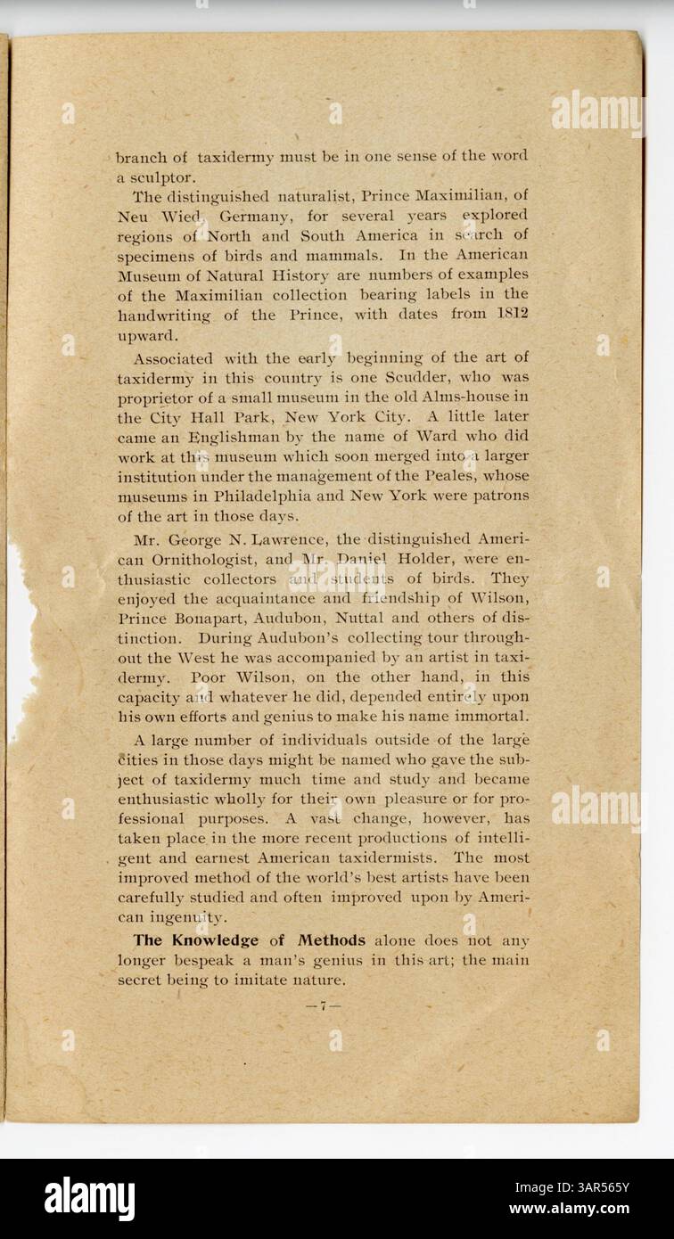 L'opuscolo "History of Taxidermy" è stato presentato al St. Louis Naturalist Club, descrivendo l'evoluzione e gli elementi artistici della tassidermia nella storia naturale. Foto Stock