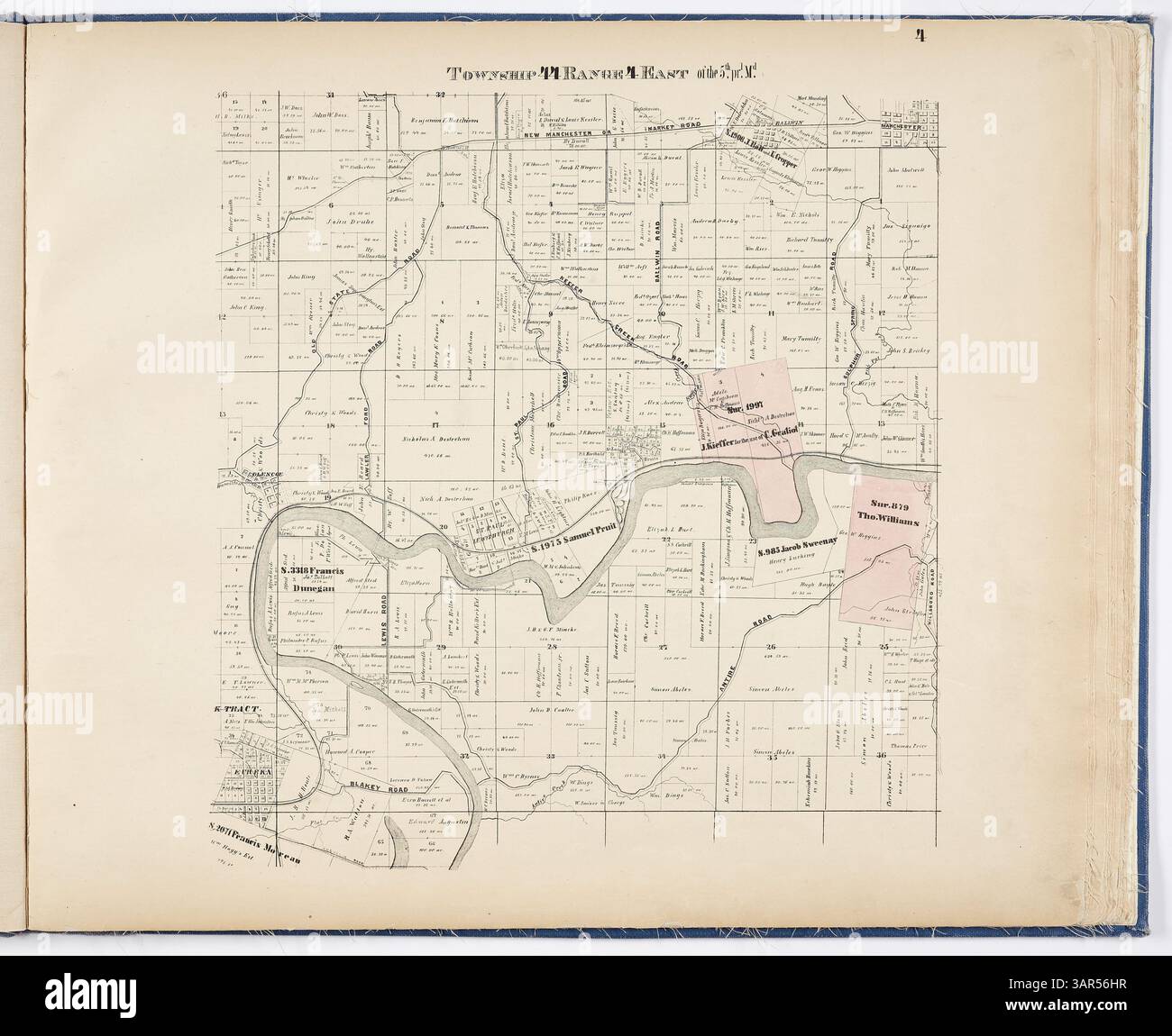 Questo storico atlante della contea di St. Louis presenta la Township 44, la Range 4 a est del 5° meridiano primario. Comprende caratteristiche geografiche chiave come Fish Pot Creek, Keefer Creek, Antire Creek, Flat Creek e il fiume Meramec. Sono mostrate città importanti come Eureka, St. Louis Park of Fruits e Ballwin. Mostra anche varie strade come Blakey Road, Augustin Road e Sulphur Spring Road, insieme a una ferrovia non identificata. Foto Stock