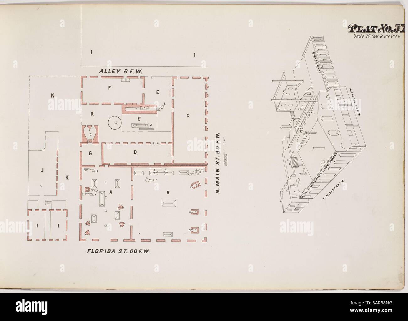 Plat 57 di A. Whipple & Co.'s 1872 Insurance maps mostra le sedi della St. Louis Supply Manufacturing Co. E Empire Saw Works. Questa mappa descrive in dettaglio le aree industriali coperte dall'assicurazione contro i rischi speciali a St. Louis. Foto Stock