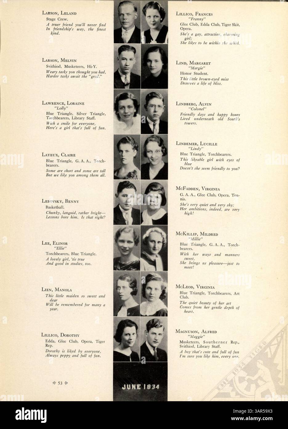 L'annuario "Tiger 1934" della South High School presenta le attività, i club e gli sport che hanno definito l'anno scolastico 1933-1934, con particolare attenzione al coinvolgimento degli studenti afroamericani. Foto Stock