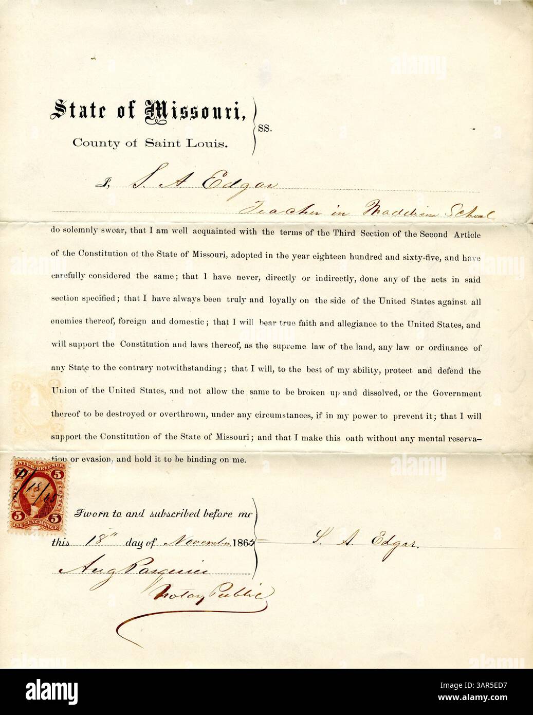 Giura di fedeltà al governo degli Stati Uniti e allo Stato del Missouri. Foto Stock