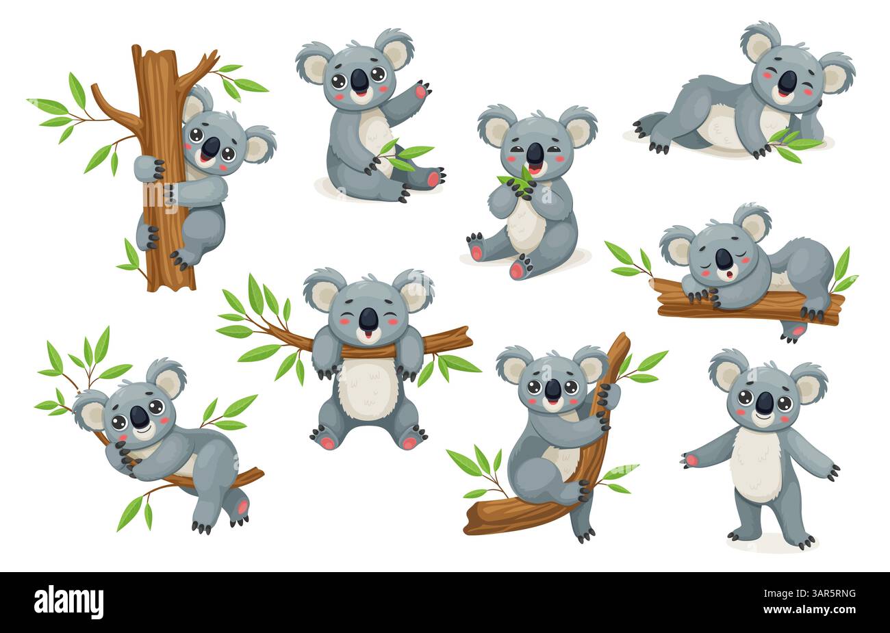 Cartoni animati simpatici koala personaggi che arrampicano gli alberi, mangiano foglie di eucalipto e dormono sui rami. Vector Set cattura il fascino dei carini koala australiani con giocose espressioni kawaii Illustrazione Vettoriale