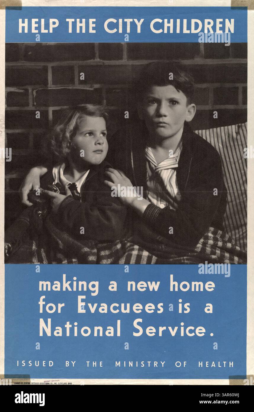 Un manifesto in tempo di guerra emesso dal Ministero della salute che mette in evidenza lo sforzo nazionale per fornire case ai bambini evacuati. L'immagine raffigura due bambini, sottolineando la necessità di sostegno e assistenza per i giovani sfollati durante una crisi nazionale. Foto Stock