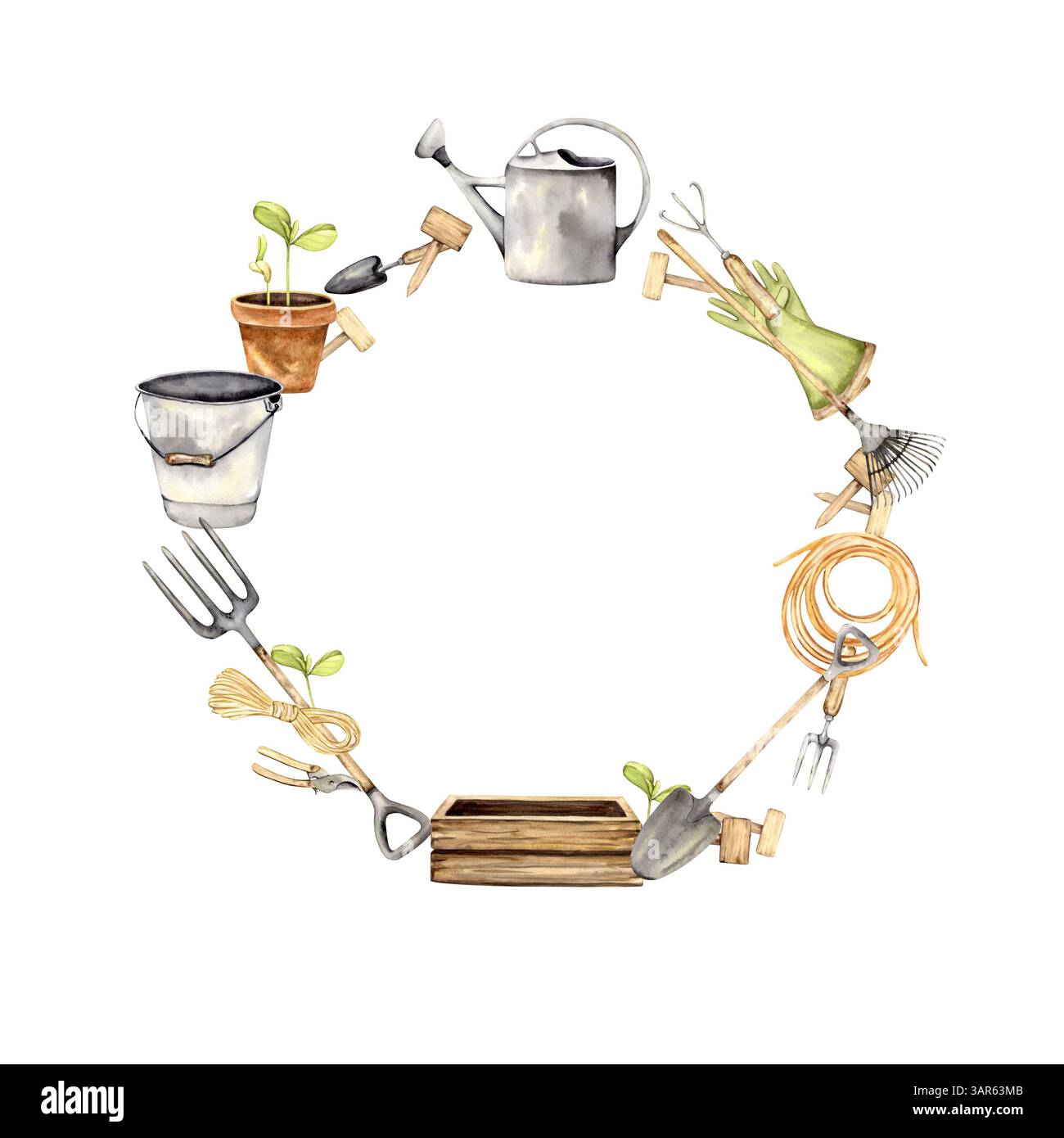 Telaio da giardinaggio ad acquerello con attrezzi, guanti, piantine e accessori Foto Stock