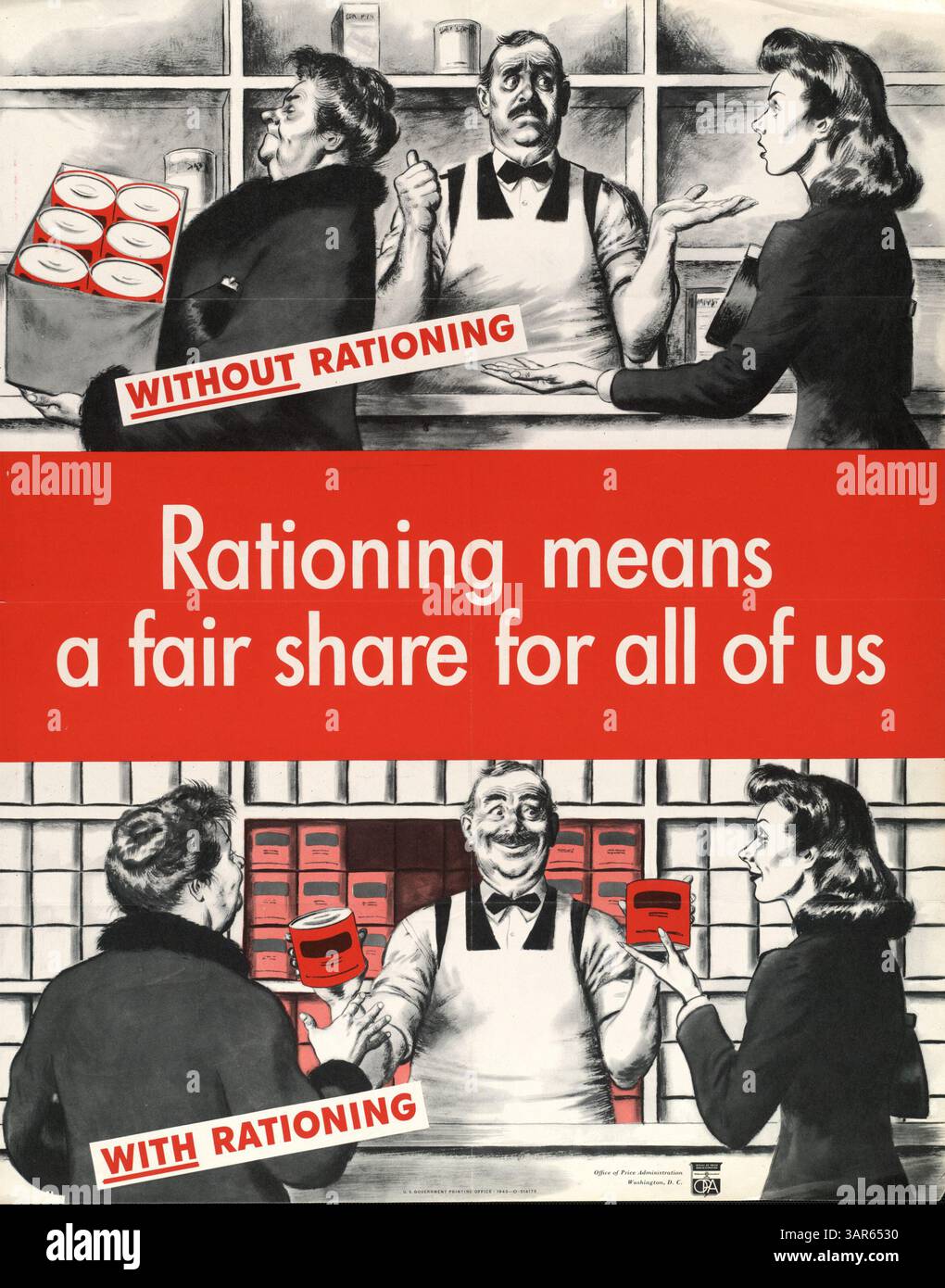 L'immagine mostra l'impatto del razionamento nel 1943, contrastando una scena con e senza razionamento. Senza razionamento, una donna compra tutte le lattine, mentre con il razionamento ogni donna riceve una quota uguale. Questa immagine mostra come il razionamento abbia garantito equità durante i periodi di scarsità. Foto Stock