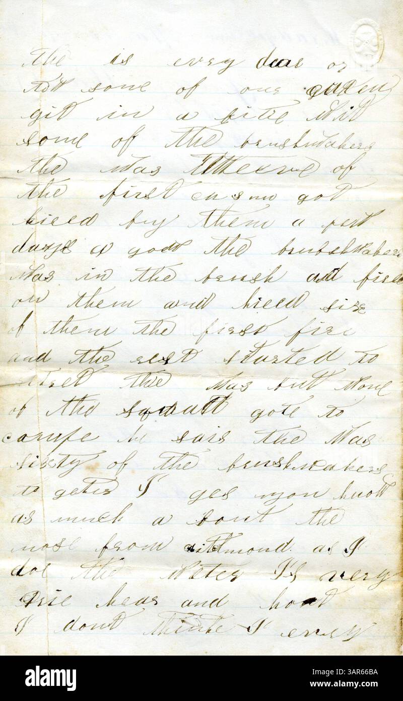 La lettera di George Wolz del 21 giugno 1864, scritta da Warrensburg, Missouri, a sua sorella Mary Wolz, descrive i conflitti militari con i bushwhackers durante la guerra civile e offre consigli alla sua famiglia. Foto Stock