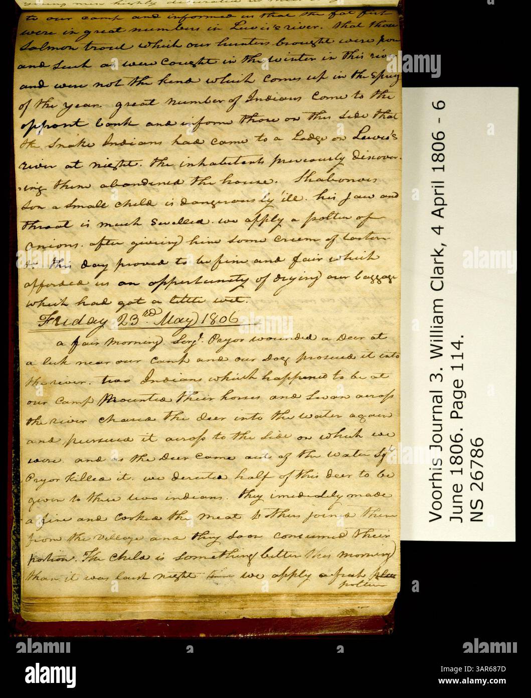 The Clark Family Collection, volume 3, include una voce dal Voorhis Journal, No. 3, pagina 114, datata 22-23 maggio 1806, descrivendo l’abbondanza di pesci nel fiume Lewis, documentando l’esplorazione e le osservazioni geografiche dei primi anni del XIX secolo. Foto Stock