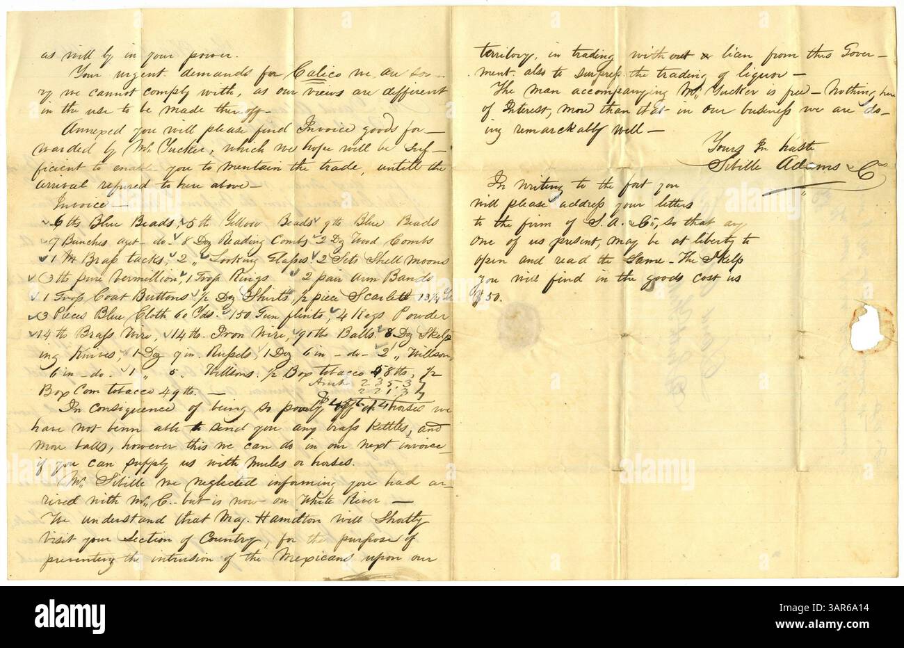 Una lettera di Sibille, Adams & Co. A David Adams, datata 19 dicembre 1843, riguardante la stazione commerciale di Fort Platte. La corrispondenza fornisce informazioni sulle operazioni commerciali e sulle relazioni commerciali durante la metà del XIX secolo. Foto Stock