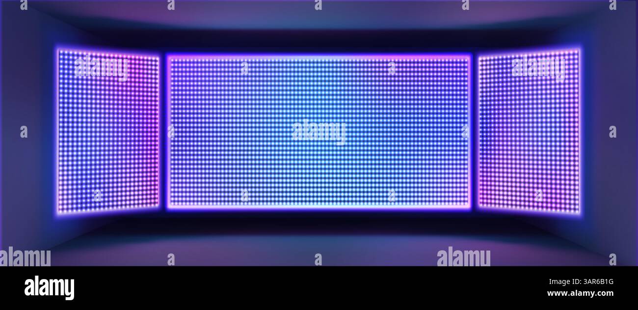 Display a parete con schermo a LED illuminato da una brillante luce sfumata viola e blu - ampio pannello per cartelloni digitali vuoto, mockup pubblicitario vuoto. Background tecnologico astratto al neon. Illustrazione Vettoriale
