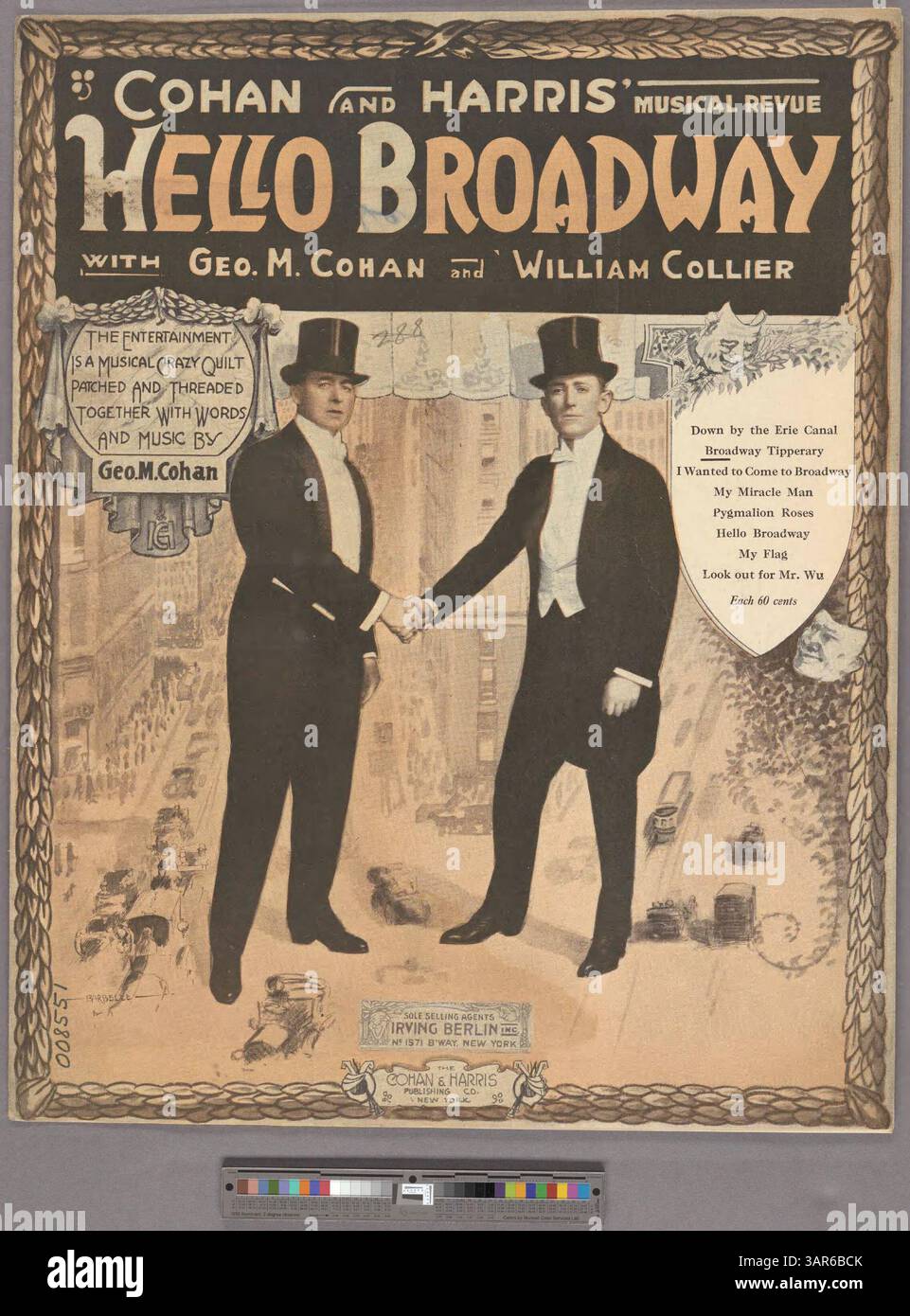 Gli spartiti di Broadway Tipperary fanno parte della recensione musicale di Cohan and Harris Hello Broadway, con musica e testi di Geo. M. Cohan. La gamma vocale è D4-D5, mentre la copertina posteriore contiene annunci pubblicitari per altre riproduzioni. La copertina anteriore enfatizza il concetto di "trapunta pazza musicale" dello spettacolo. Foto Stock
