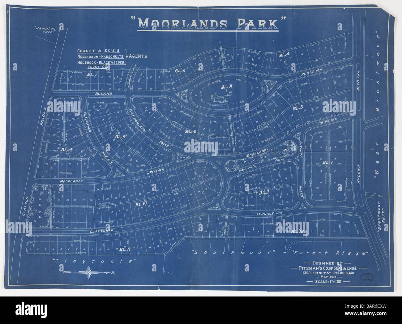 Mappa di Moorlands Park a Clayton, con il suo sviluppo, parchi, blocchi, strade, e i quartieri circostanti. Questa aggiunta del XIX secolo riflette l'espansione urbana nell'area. Foto Stock