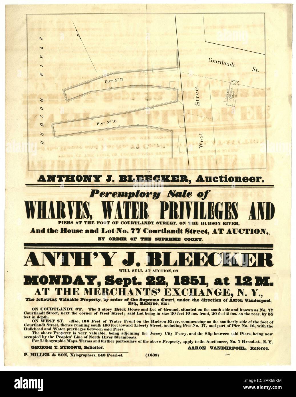 Un bordello che annuncia la vendita di moli, privilegi d'acqua e moli ai piedi di Courtlandt Street sul fiume Hudson. L'albergo è adiacente ai traghetti per Jersey City e North River Steamboats. La vendita è stata facilitata dal responsabile del collocamento Anthony J. Bleecker. Foto Stock