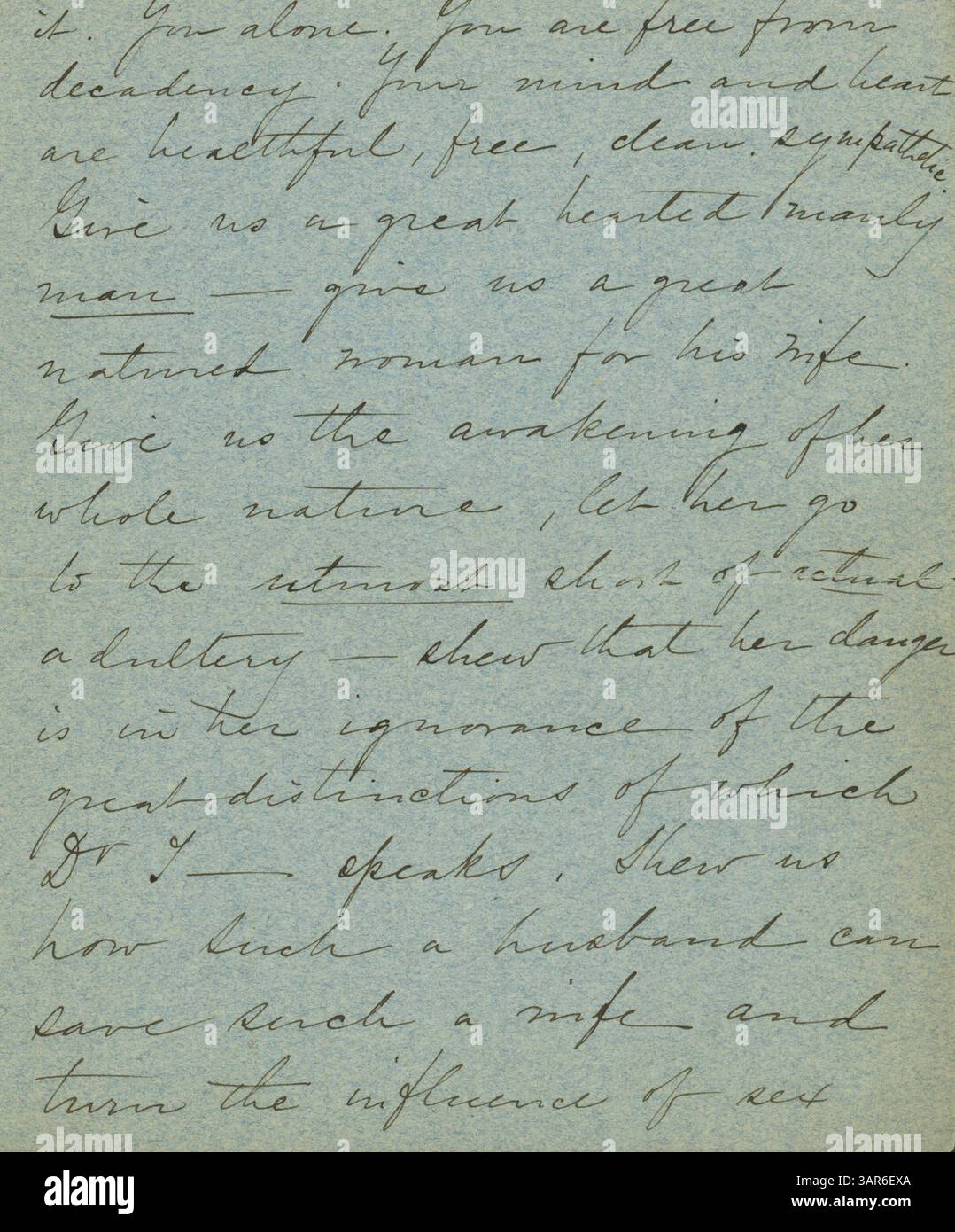 Questa lettera, firmata da Janet Scammon Young dell'8 Newman Street, Londra, è indirizzata all'autrice Kate Chopin nel 1899. Esprime ammirazione per il romanzo di Chopin *il risveglio* e inoltra una lettera del Dr. Dunrobin Thomson datata 5 ottobre 1899. La lettera include la busta e una trascrizione di sei pagine. Vi è incertezza circa l'autenticità di Janet Scammon Young, poiché nessun individuo verificabile con quel nome è stato identificato dagli studiosi. Foto Stock